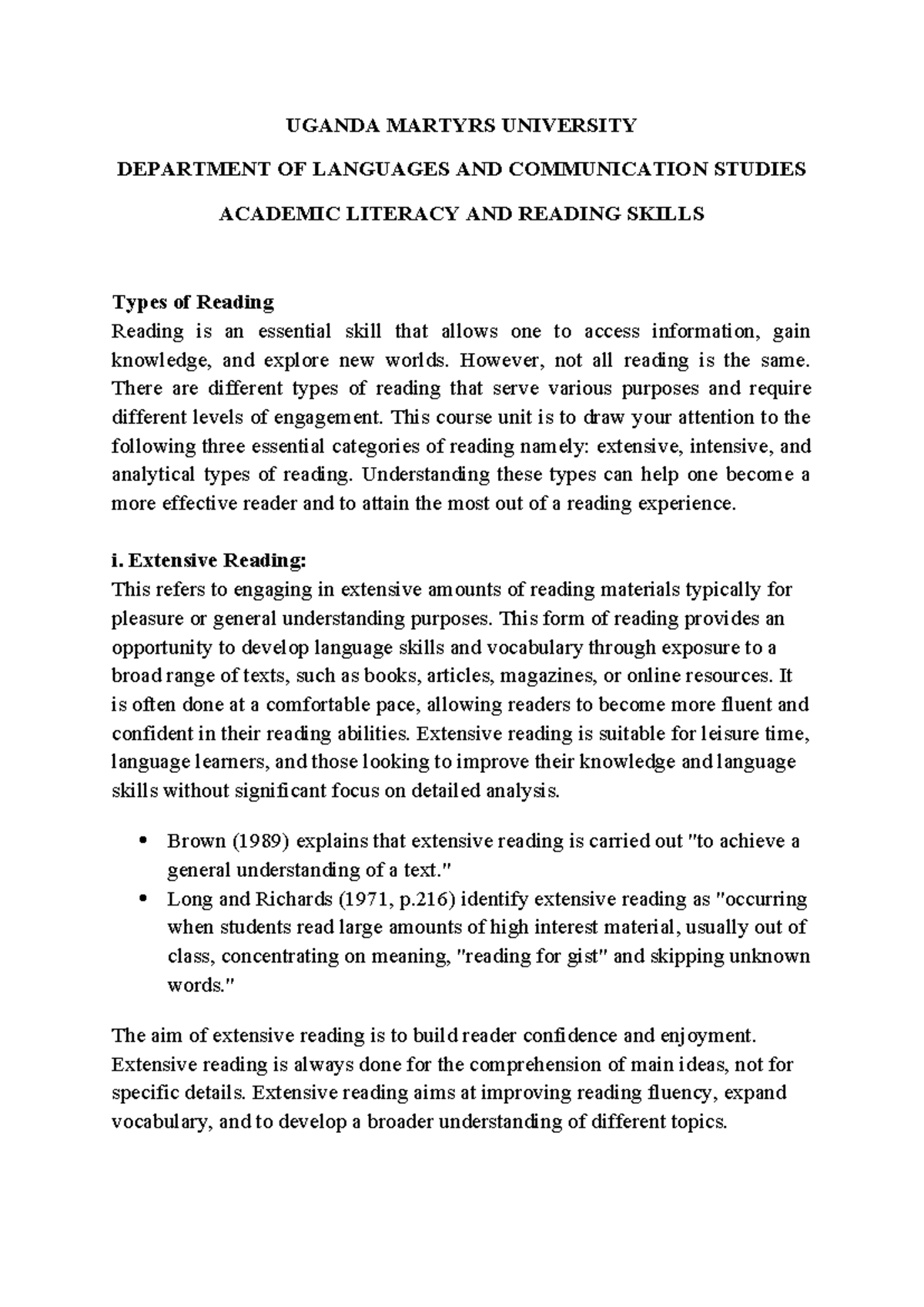 Academic Literacy 2: Understanding Types of Reading Skills - Studocu