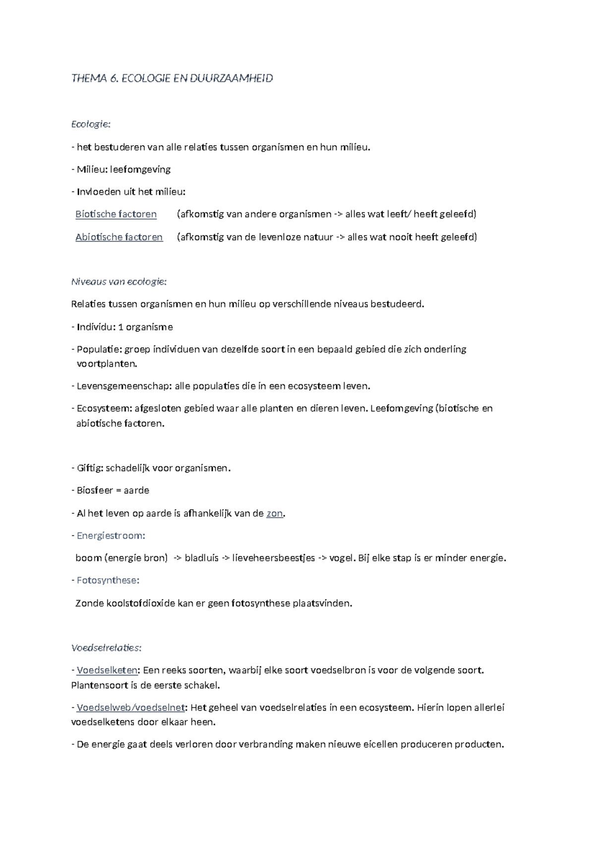 Bio HS 6: Aantekeningen over Ecologie en Duurzaamheid - Studeersnel
