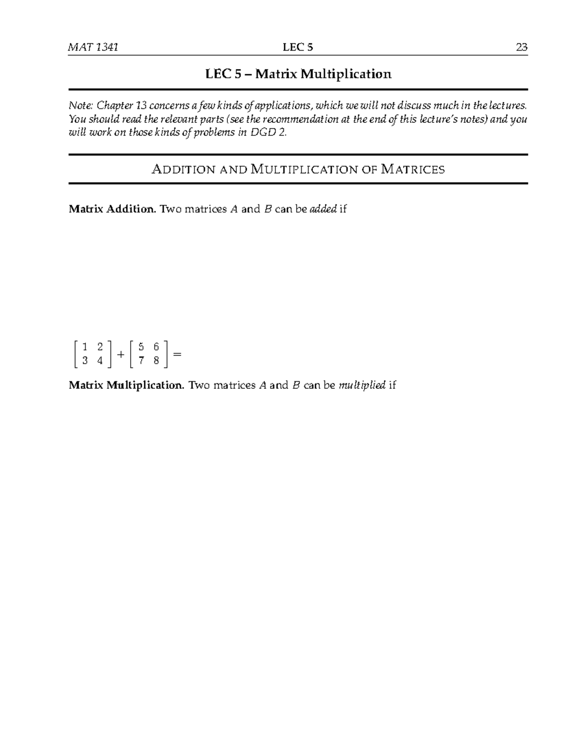 MAT 1341 LEC 5 Matrix Multiplication & Applications Notes - Studocu