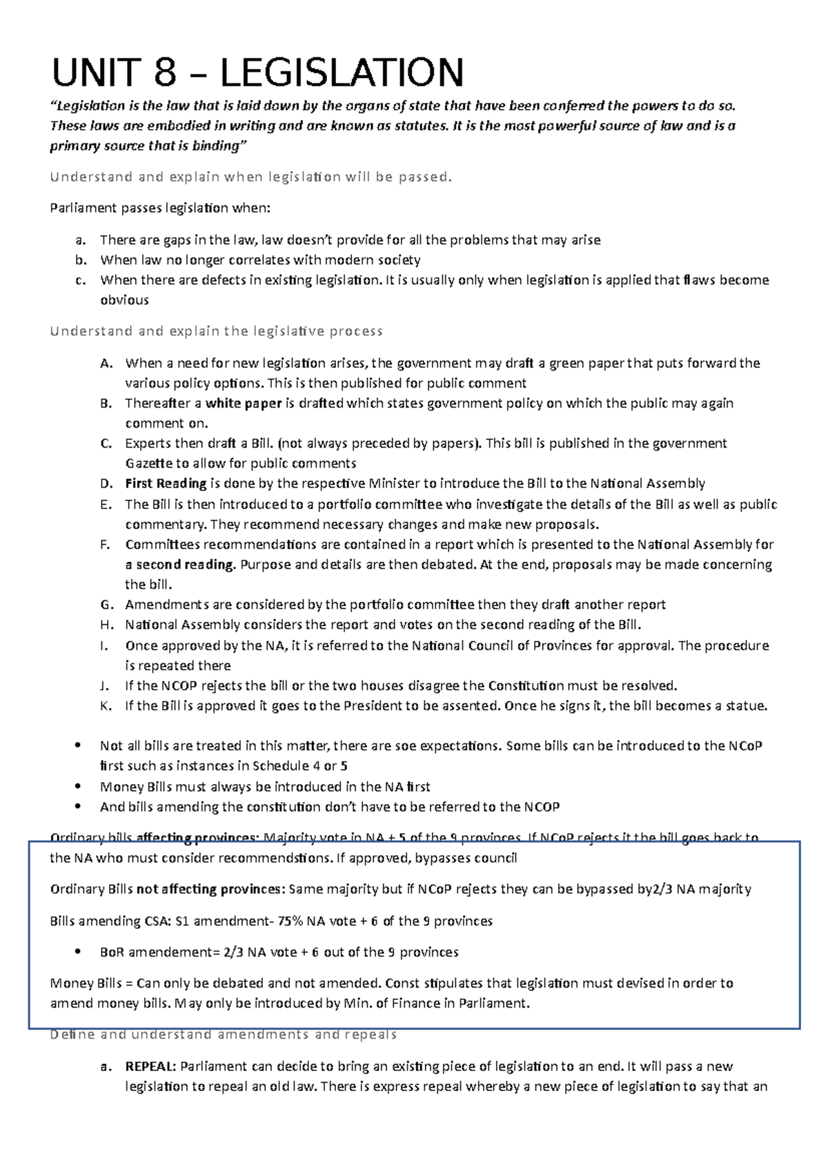 UNIT 8: Understanding Legislation and the Legislative Process - Studocu