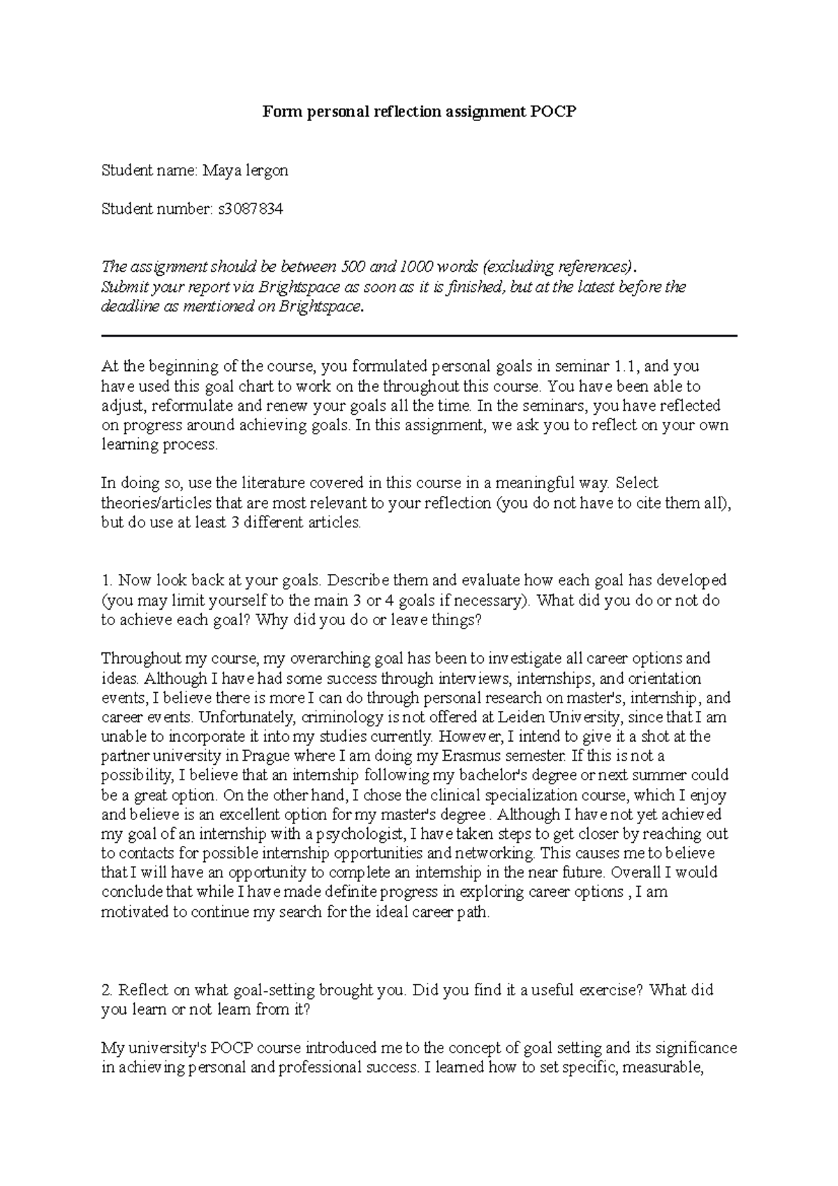 Personal Reflection Assignment on Career Goals - POCP IBP S3087824 ...