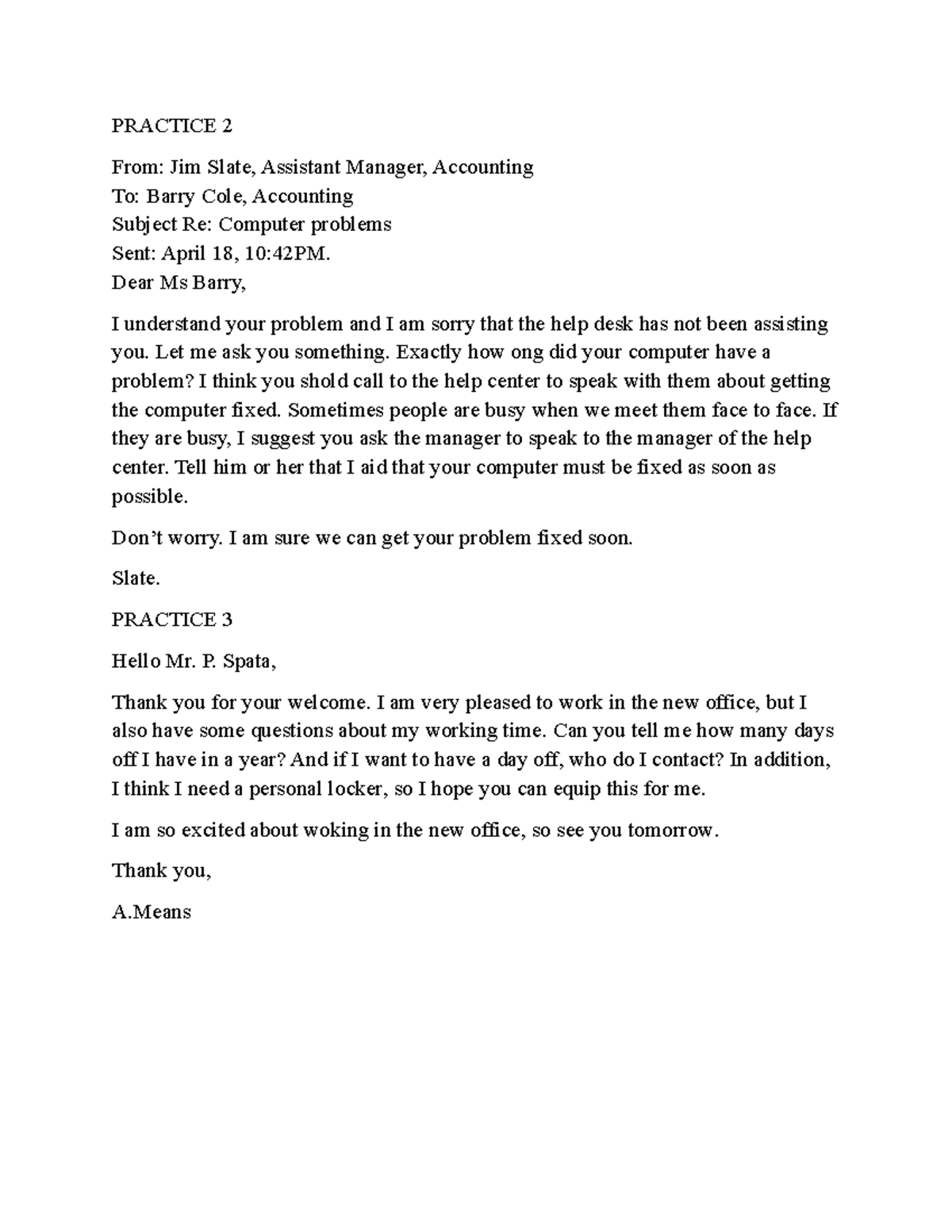 Practice 2 - BTAP: Email Correspondence on Computer Issues - Studocu