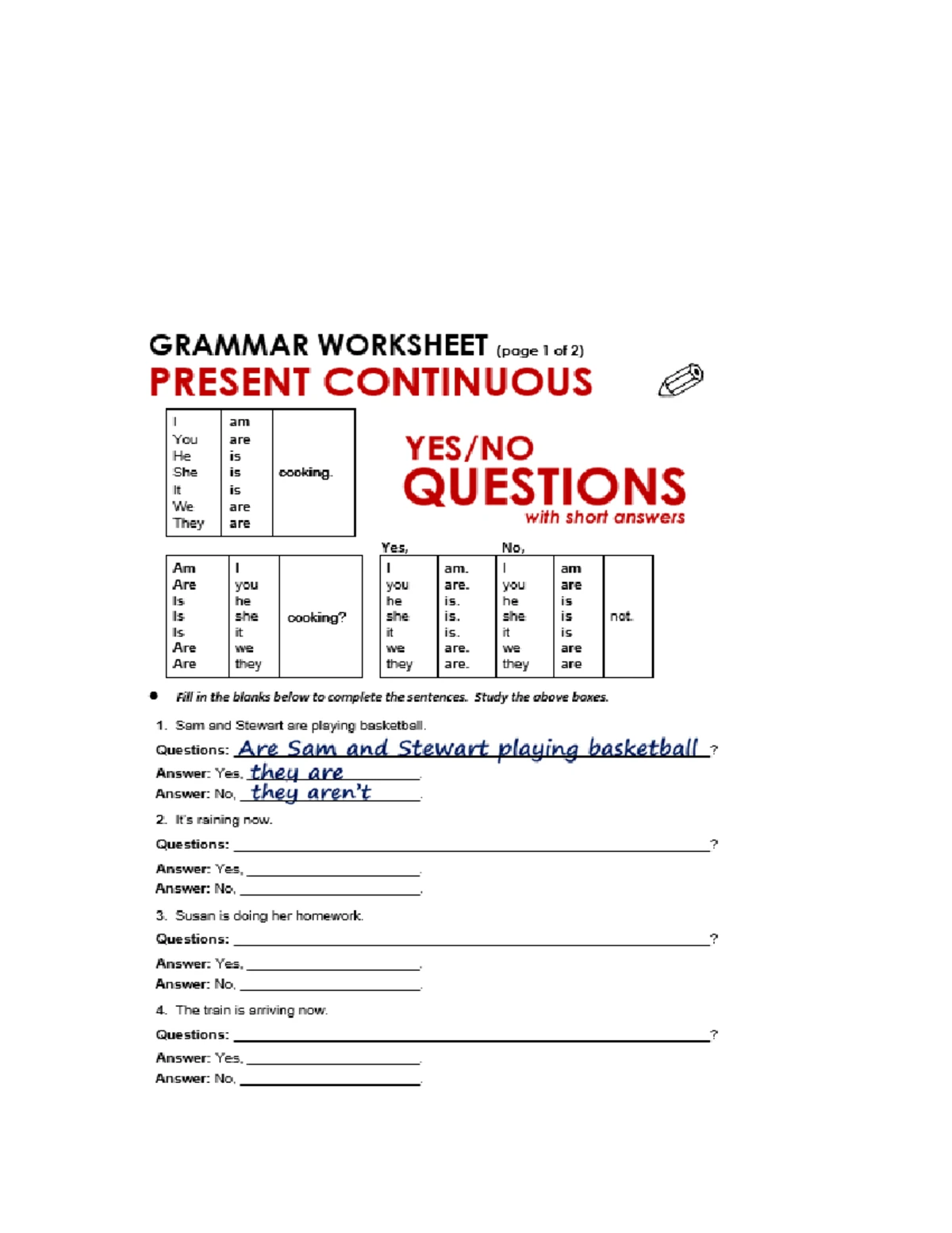 PRESENT CONTINUOUS INTERROGATIVE GRAMMAR WORKSHEET - Studocu