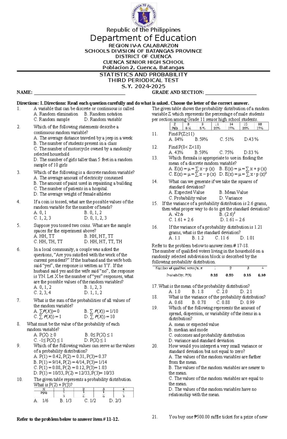 QT Stat 3rd Periodical Test S.Y. 2025 - Statistics & Probability - Studocu