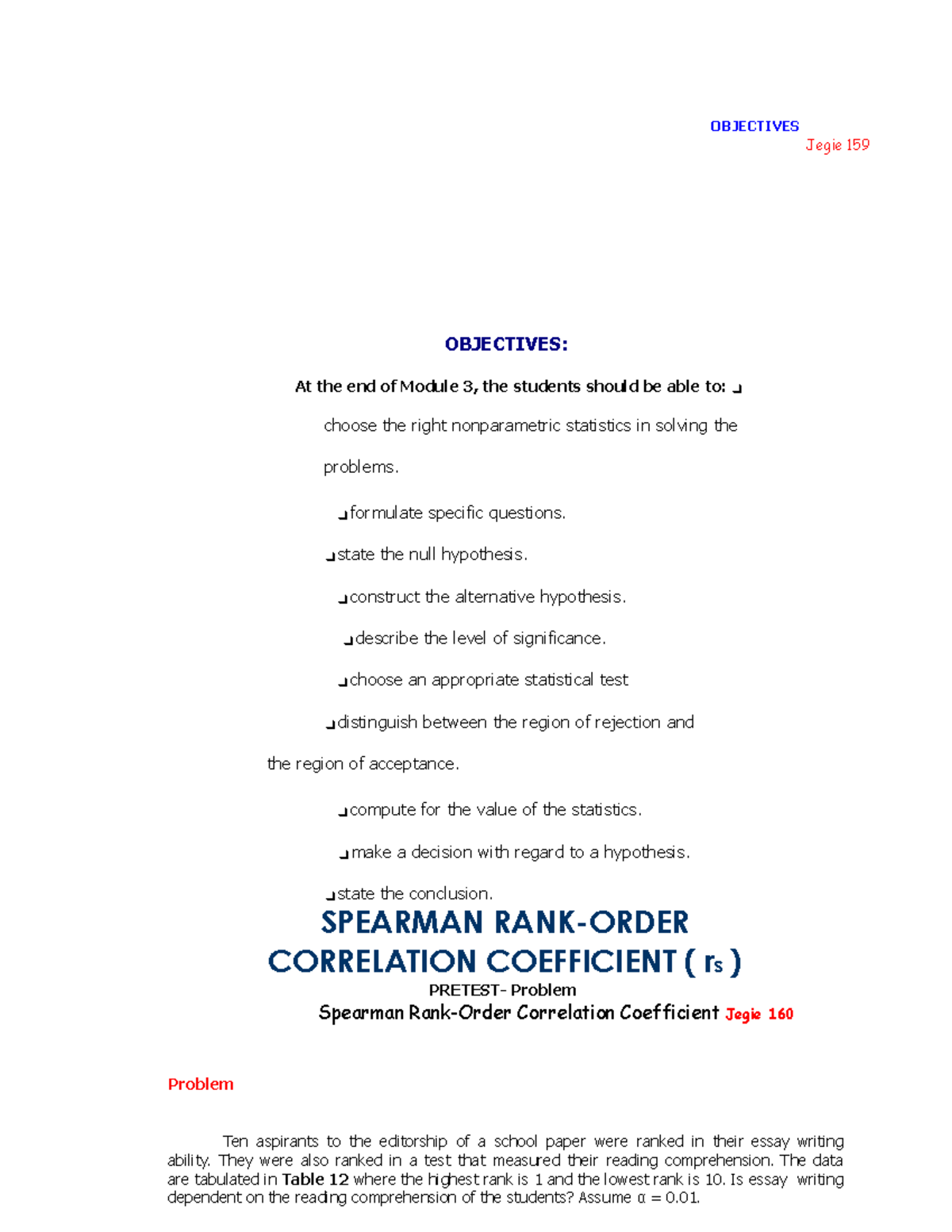 Spearman Correlation Coefficient Analysis Jegie 159-176 - Studocu