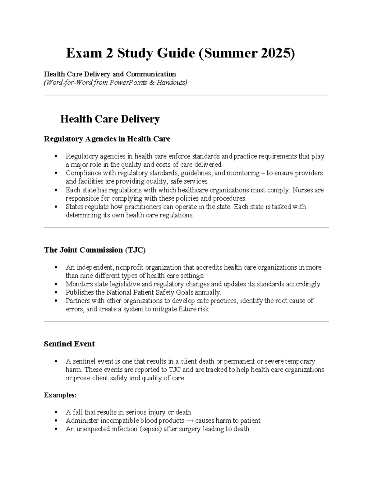 Exam 2 Study Guide (Summer 2025) on Health Care Delivery ...