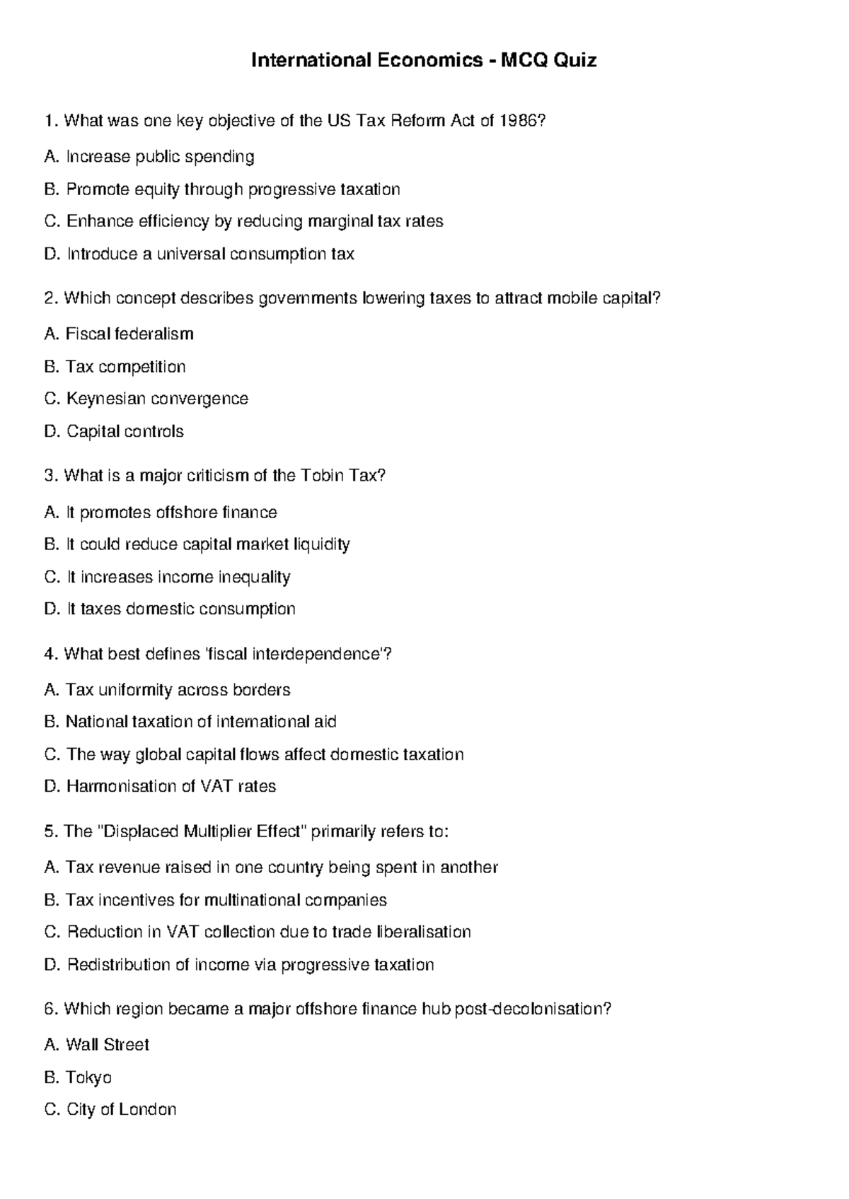 International Economics MCQ Quiz 1: Key Concepts & Theories - Studocu