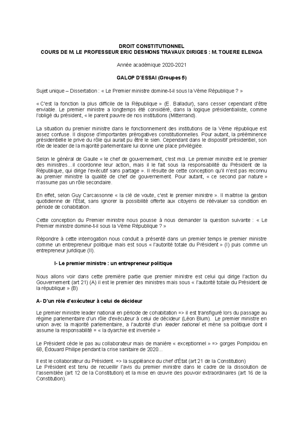 Galop d'essai L1S2 - Dissertation sur le rôle du Premier ministre sous ...