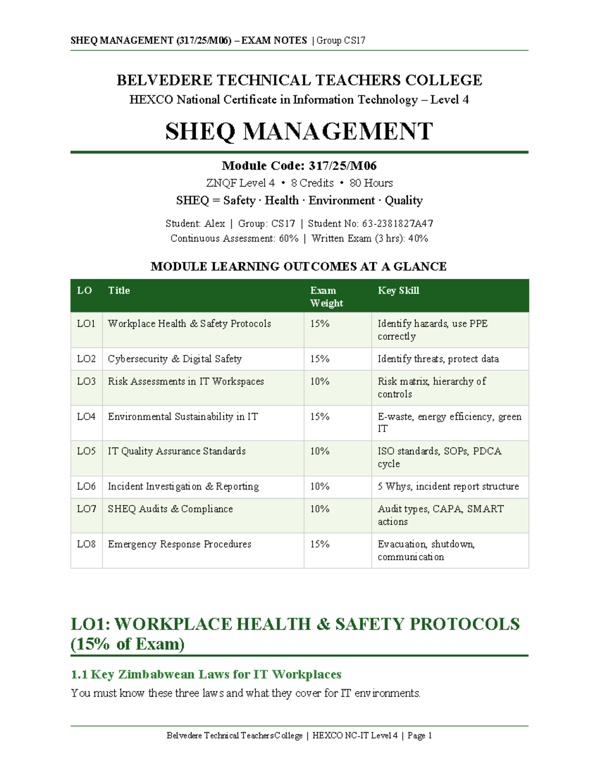 SHEQ MANAGEMENT EXAM NOTES - Group CS17 - Belvedere Technical College ...