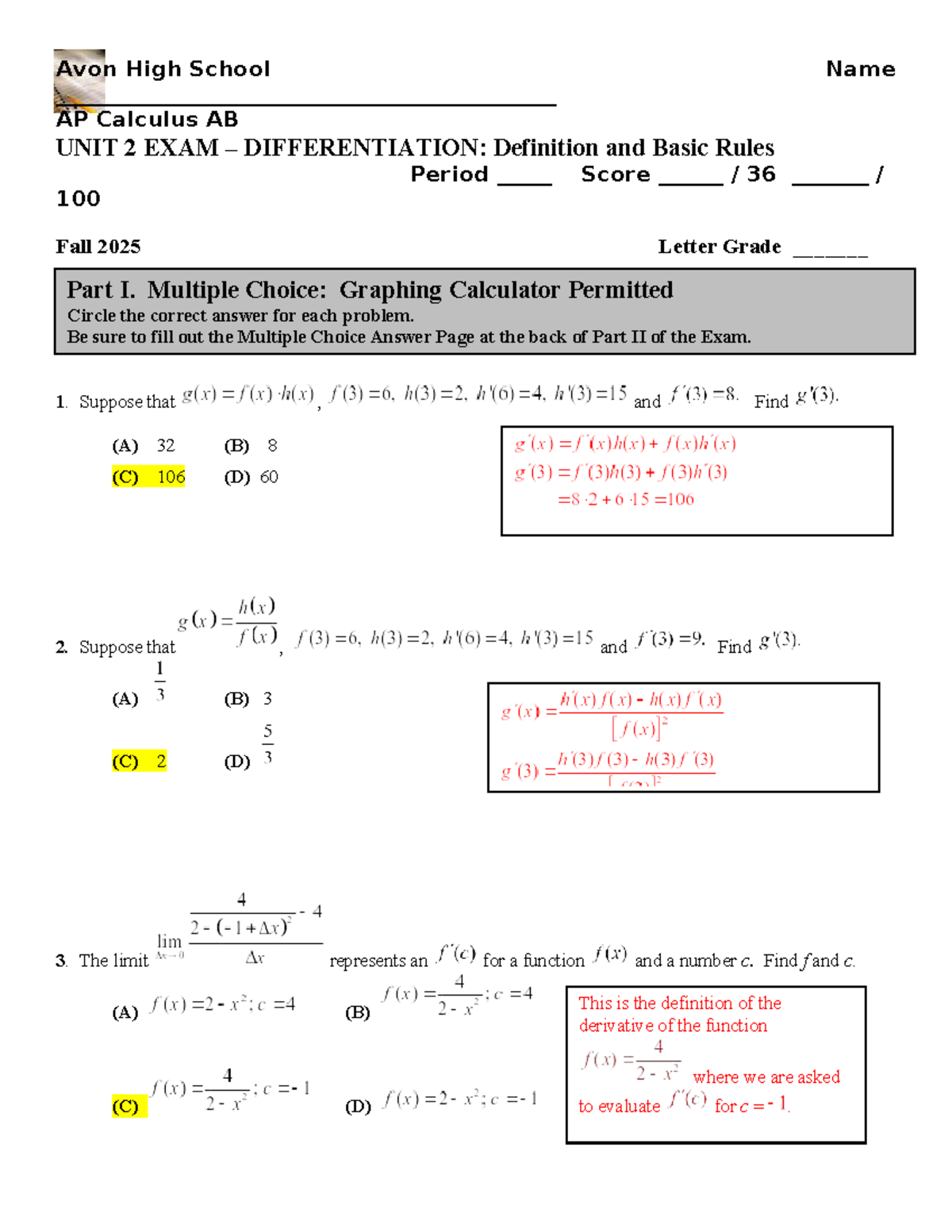 AP Calculus AB (Fall 2025) Unit 2 Exam: Differentiation Solutions - Studocu