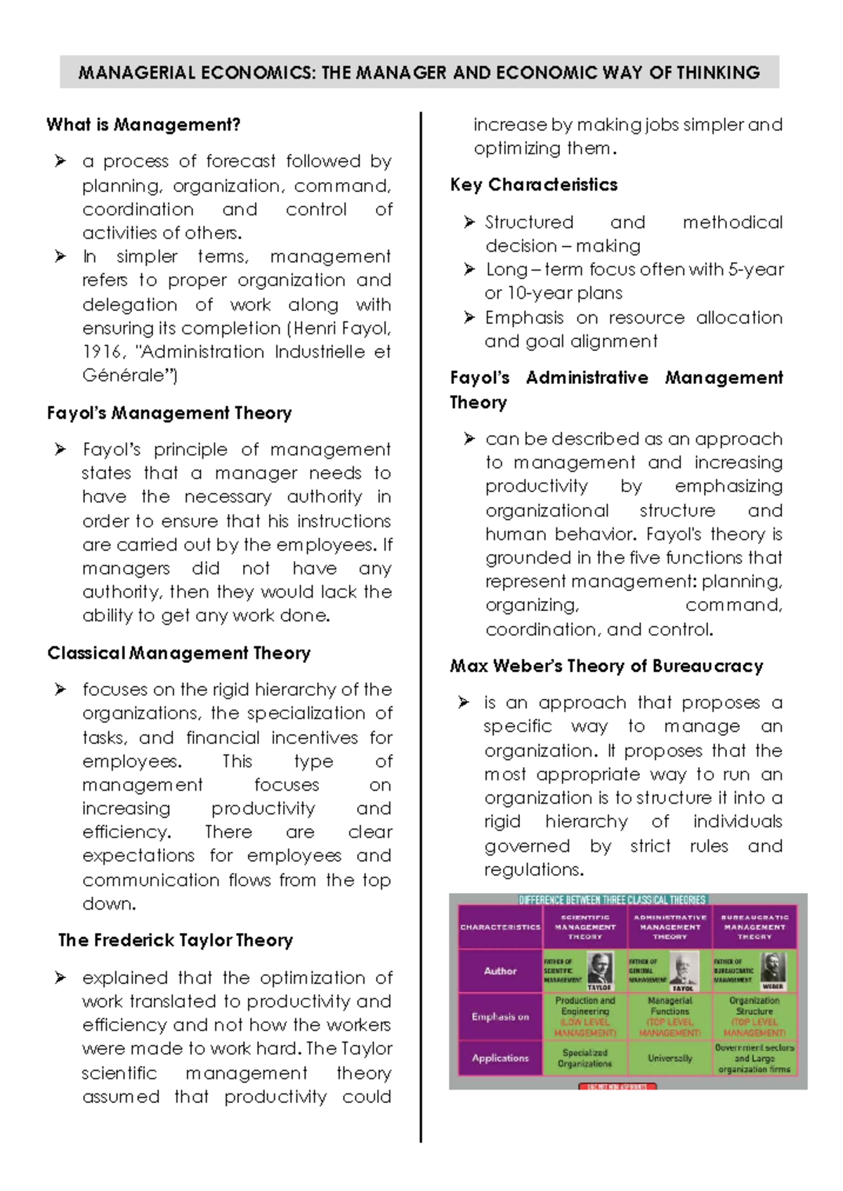 MANAGERIAL ECONOMICS: PRELIMINARY NOTES ON MANAGEMENT THEORIES - Studocu