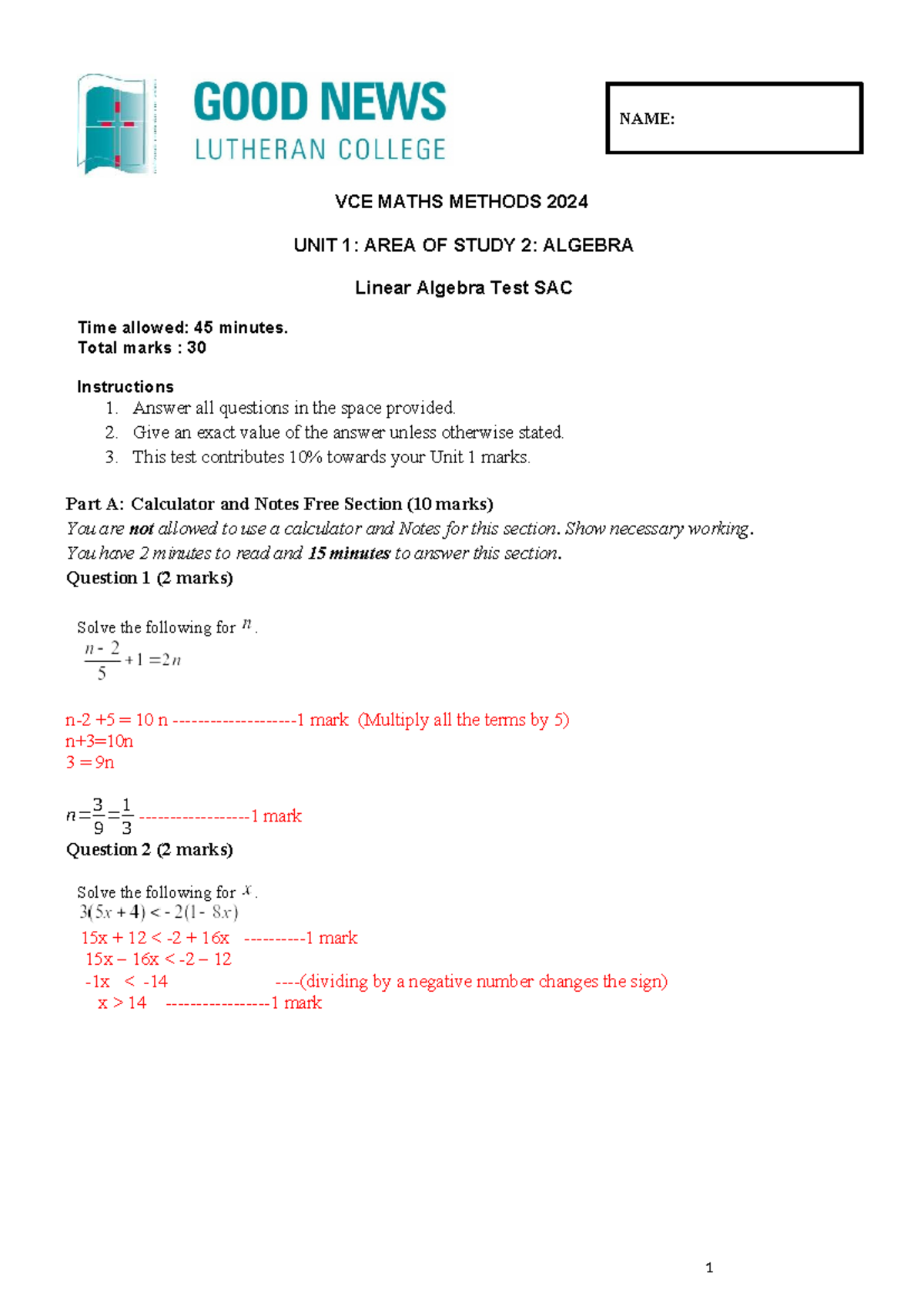 Linear Algebra Test SAC 2024 Solutions - VCE Maths Methods Unit 1 - Studocu