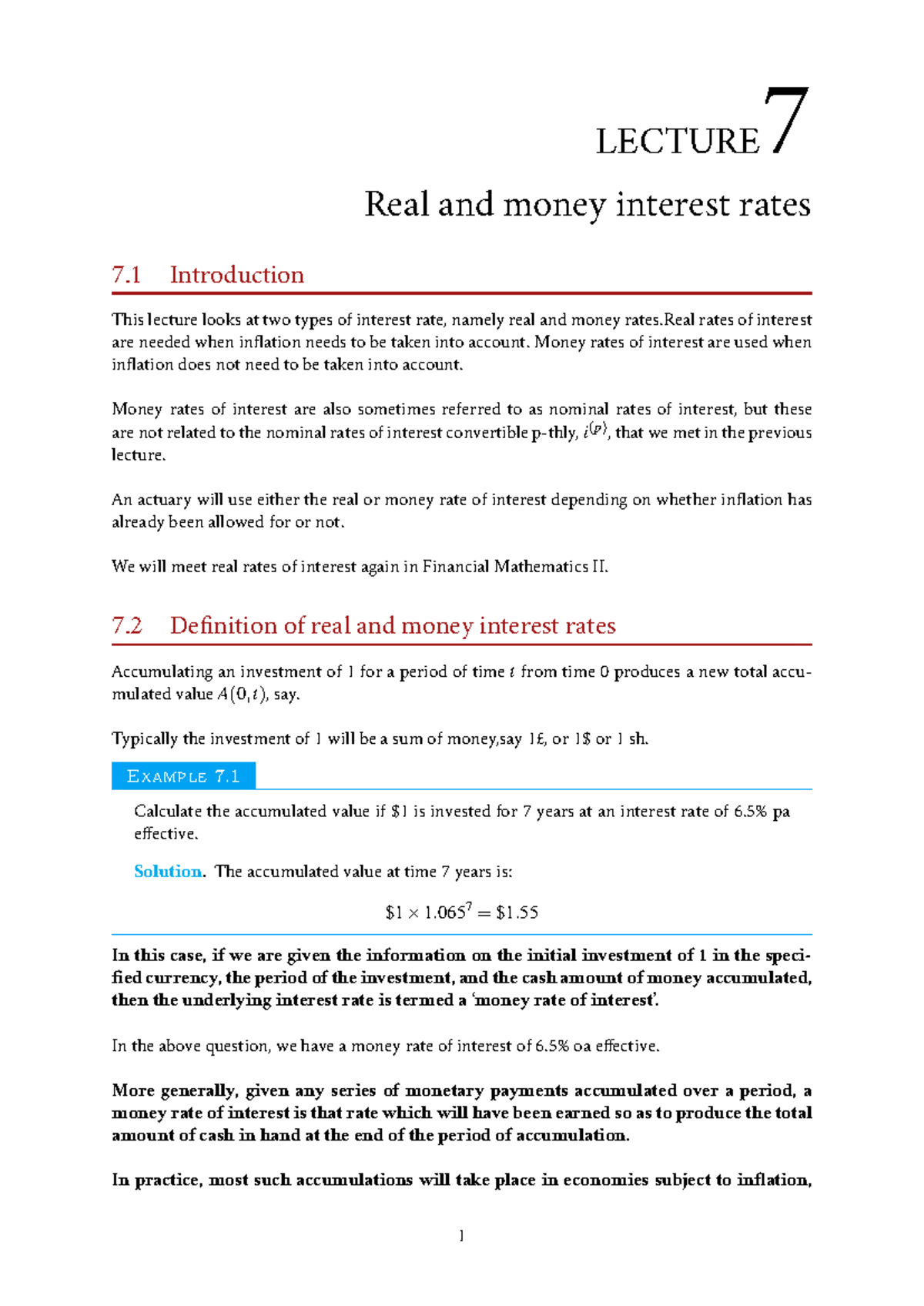 Financial Mathematics I Lecture 7: Real vs Money Interest Rates - Studocu