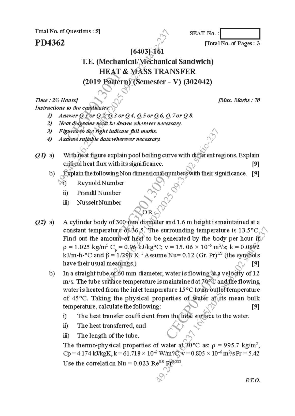 SEAT No. 23 - Heat Mass Transfer Exam Paper (PD4362, Sem V, 2019 ...