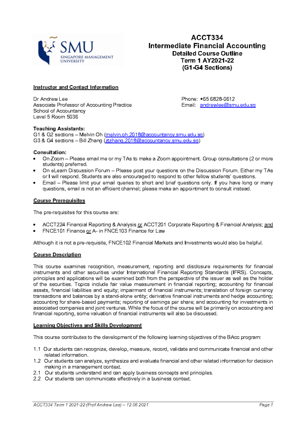 ACCT334 Intermediate Financial Accounting Course Outline, Term 1 2021 ...