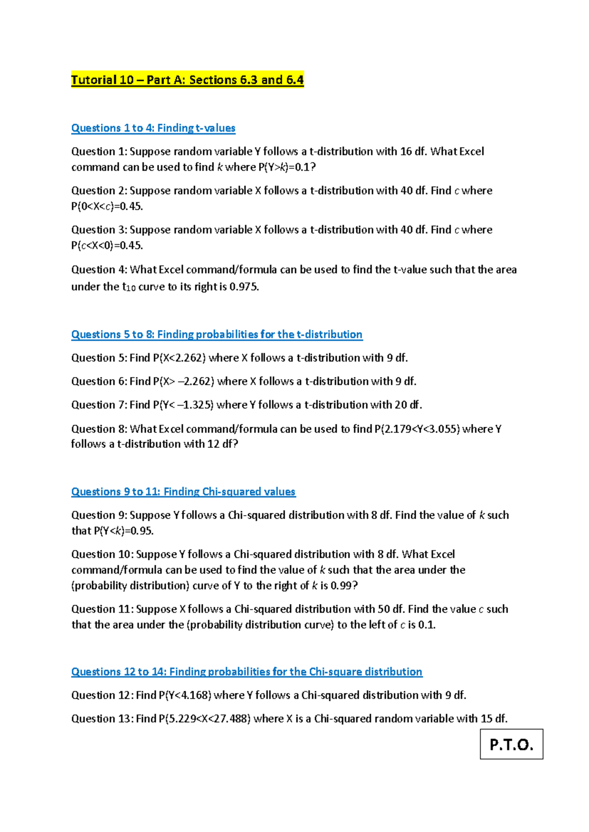 Tutorial 10 - Statistics Questions on Distributions and Confidence ...