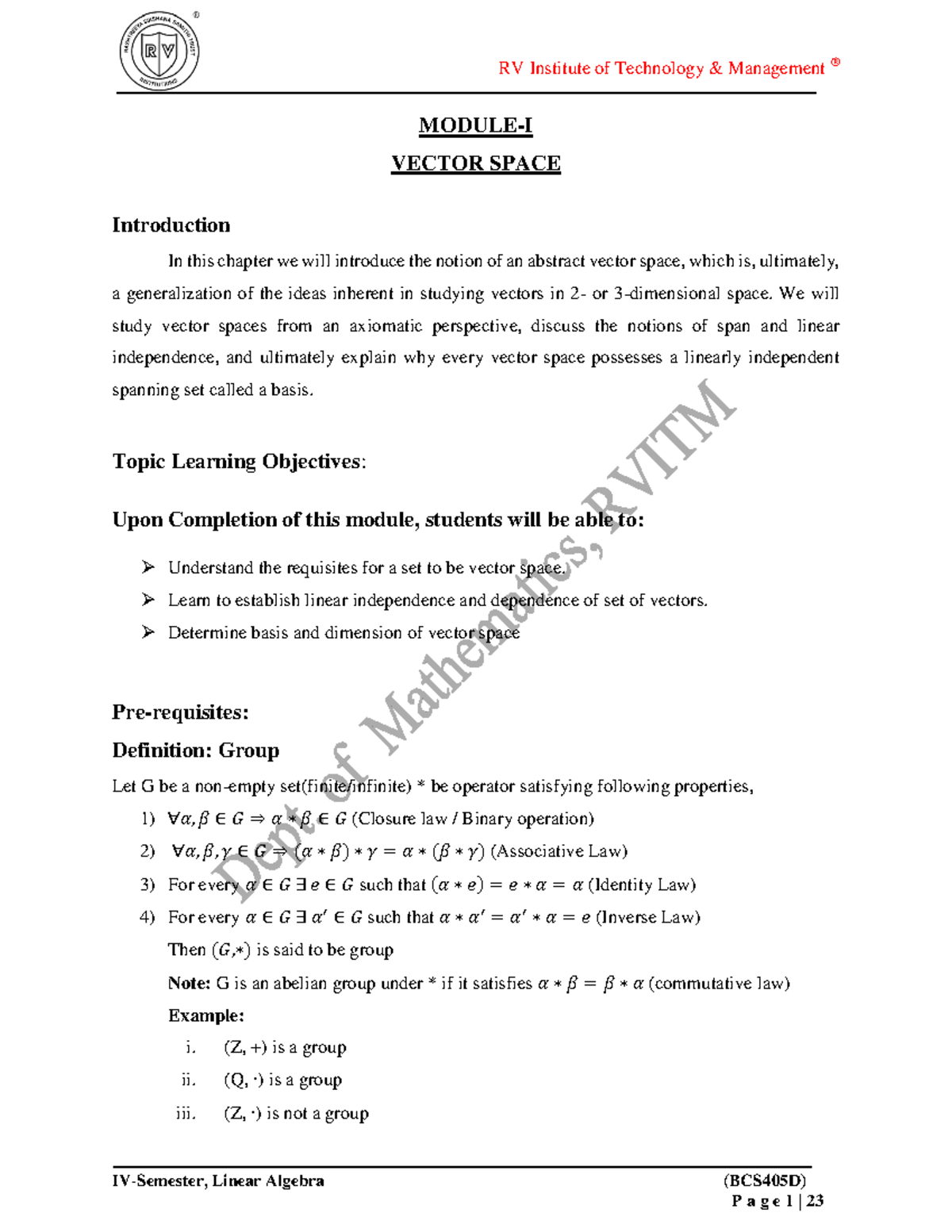 BCS405D Linear Algebra: Vector Spaces and Their Properties - Studocu