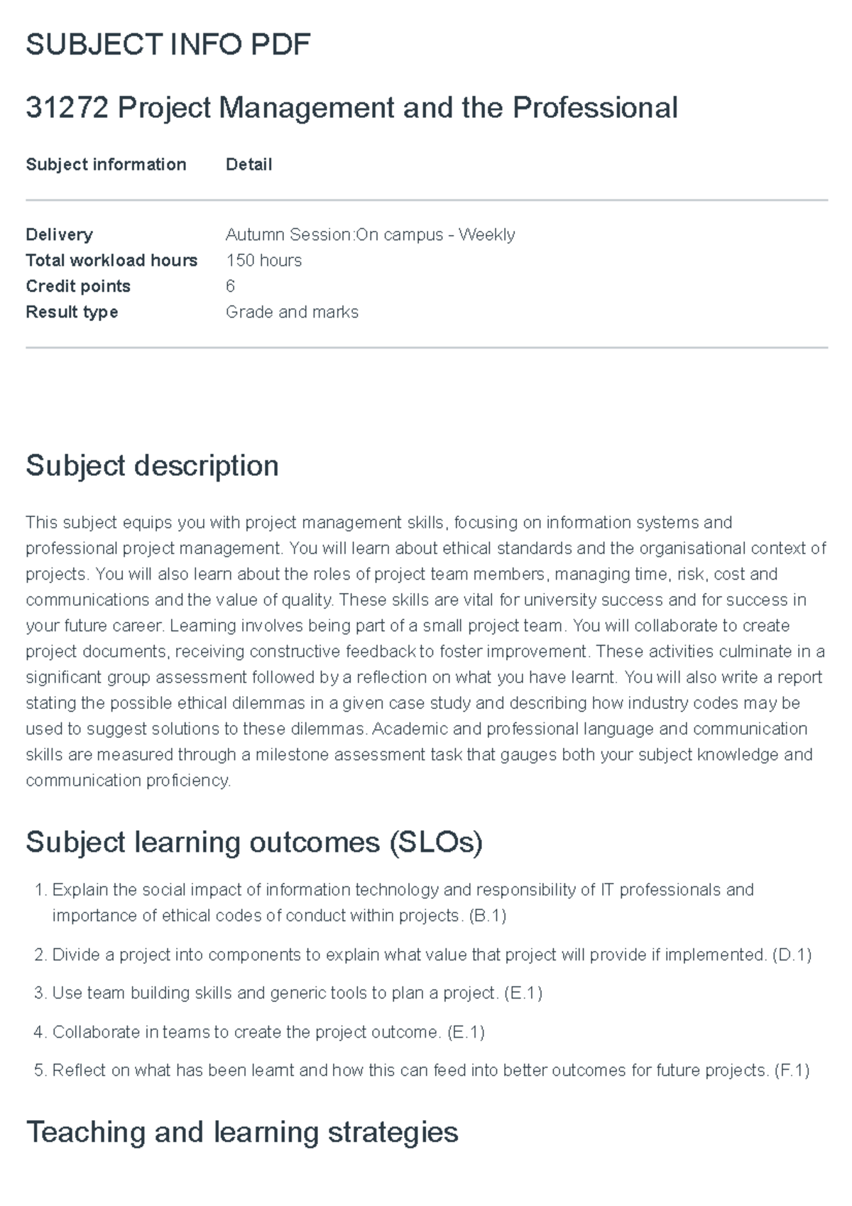 PMAP outline - SUBJECT INFO PDF 31272 Project Management and the ...
