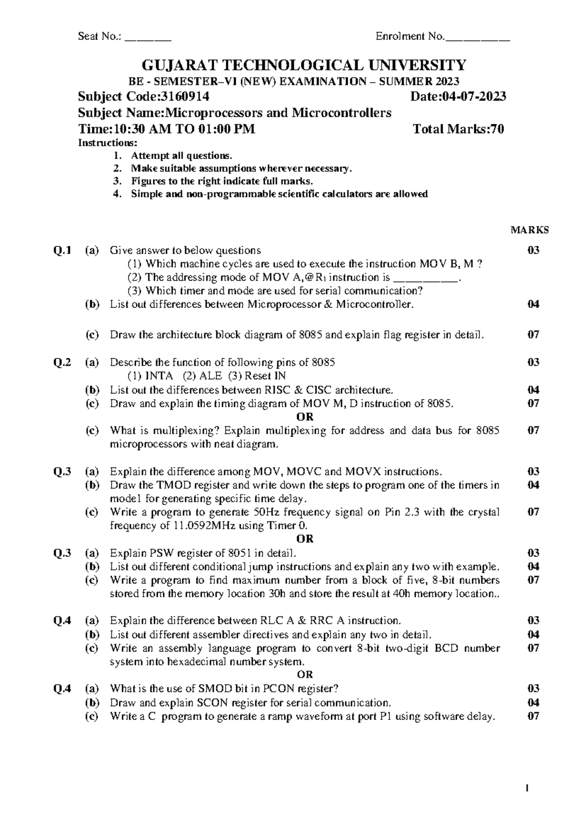 Microprocessors and Microcontrollers Exam Notes - 3160914 - Studocu