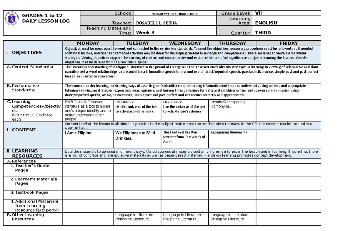 DLL Week 3 - Daily Lesson Log for English 7 (3rd Quarter) - Studocu
