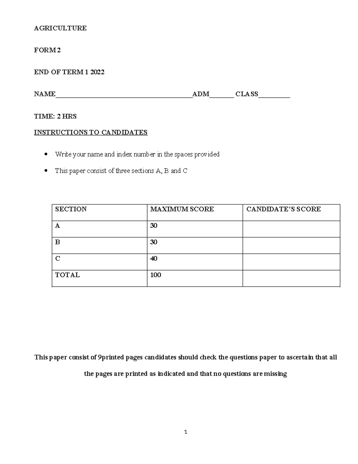 Agriculture TERM 1 END EXAM 2022 | Form 2 Assessment Paper - Studocu