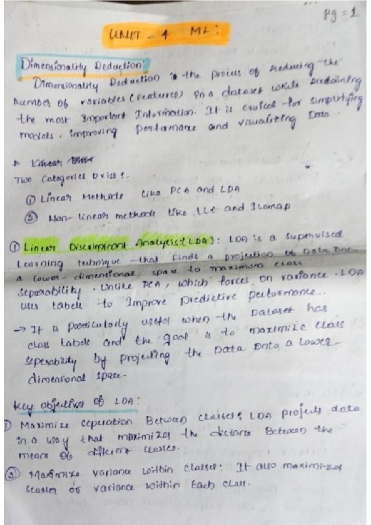UNIT-4 ML: Handwritten Notes on Dimensionality Reduction Techniques ...