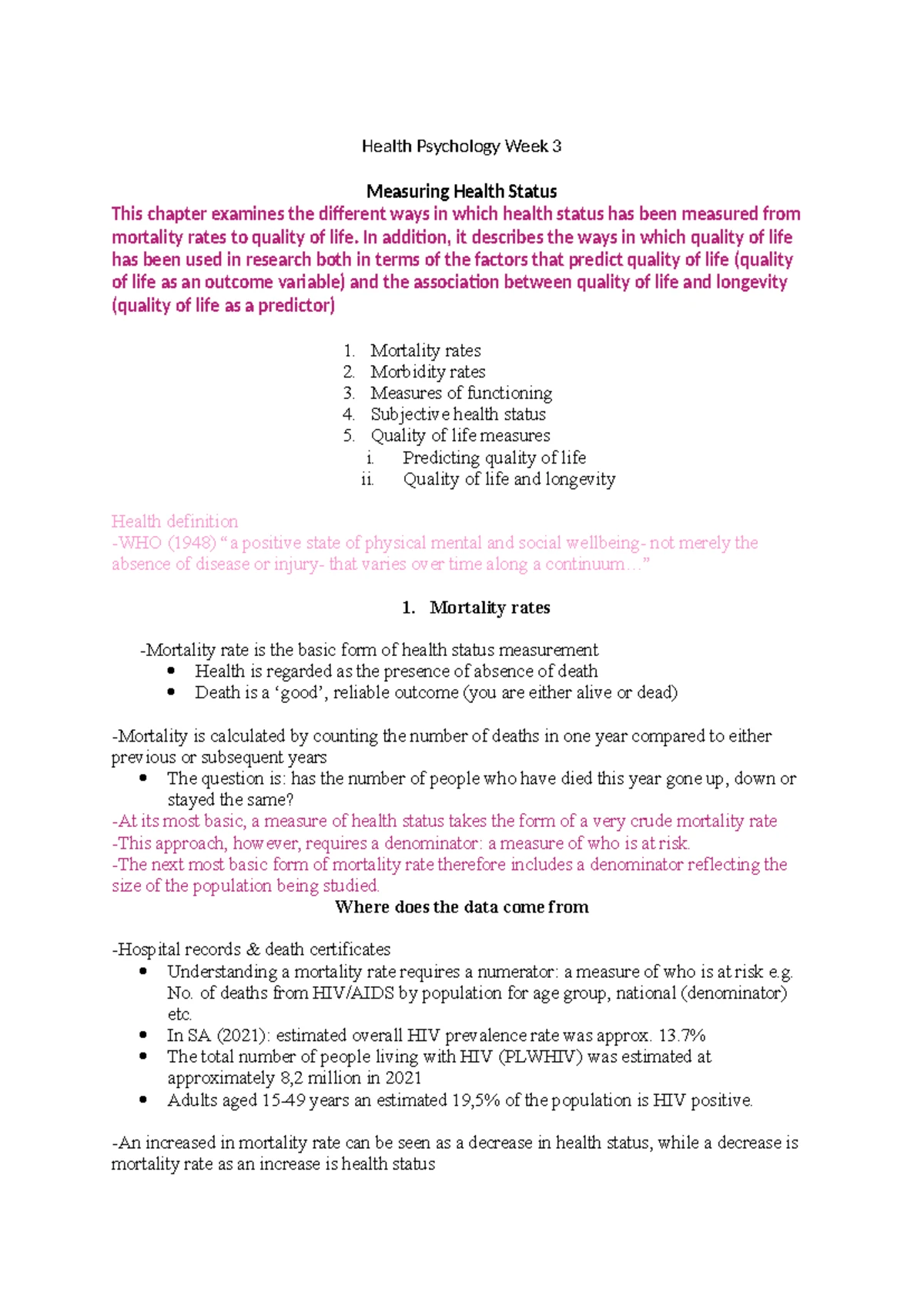 Health psychology study notes - “.. complete state of physical, mental ...