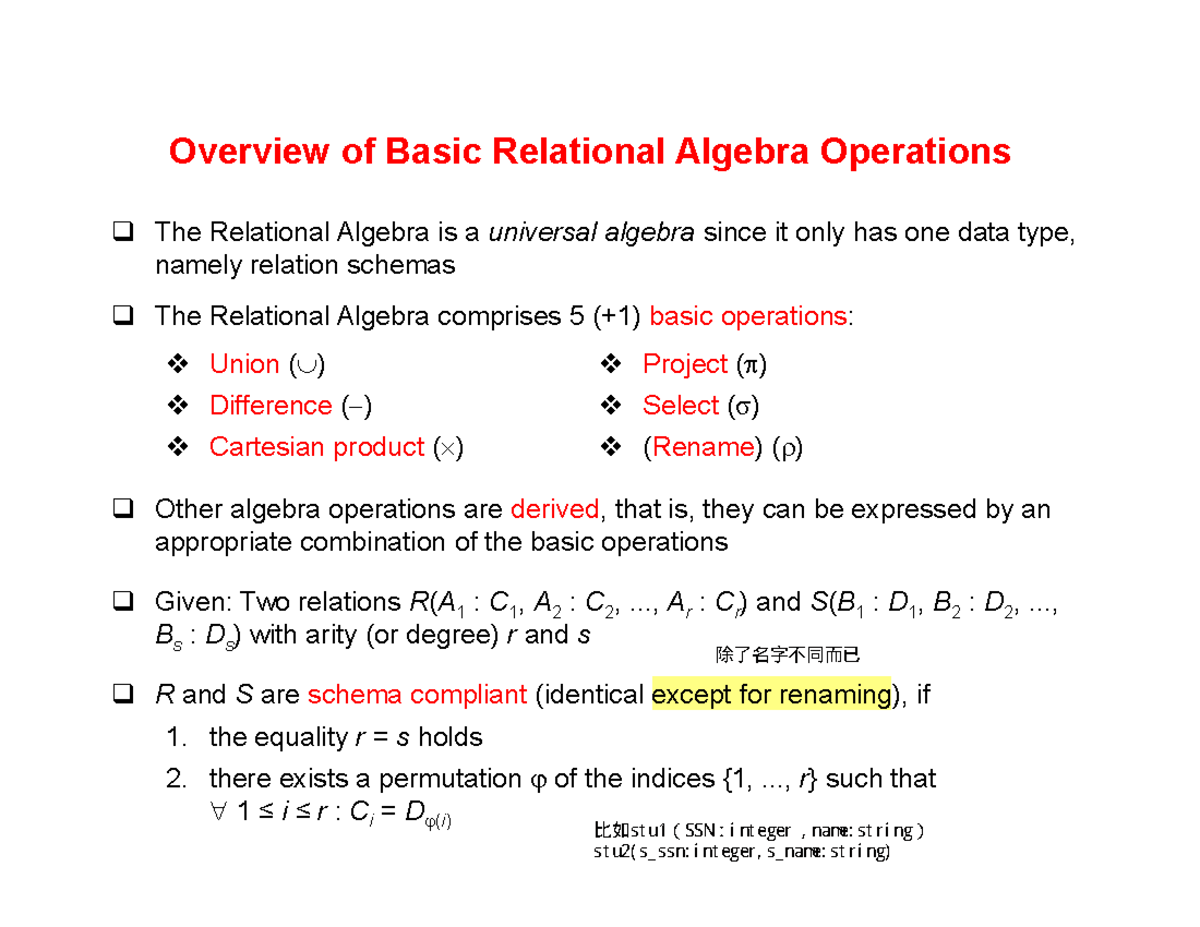 Lecture 07 - Overview of Basic Relational Algebra Operations - Studocu