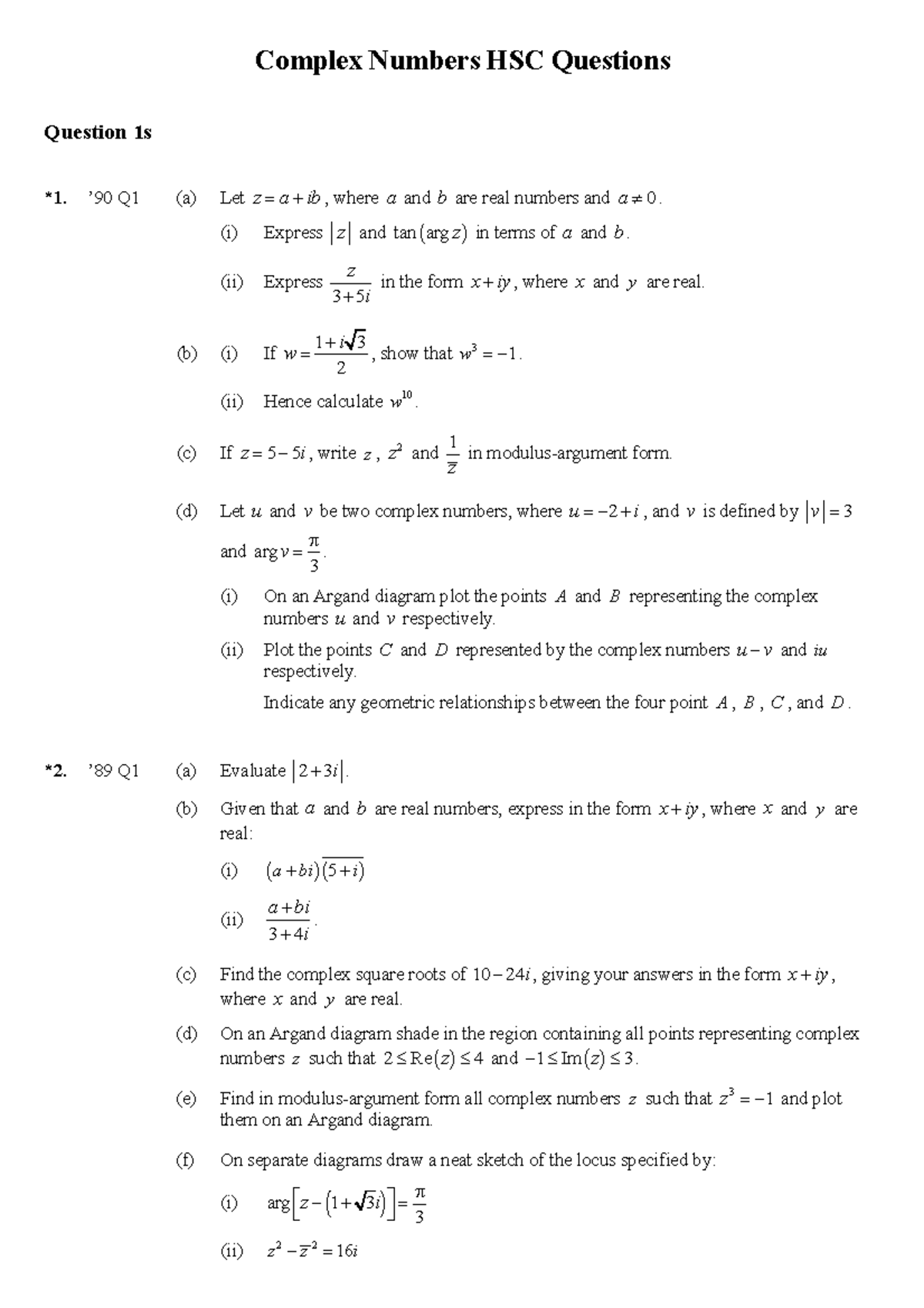 Complex Numbers HSC Final Exam Compiled Questions Review - Document Preview