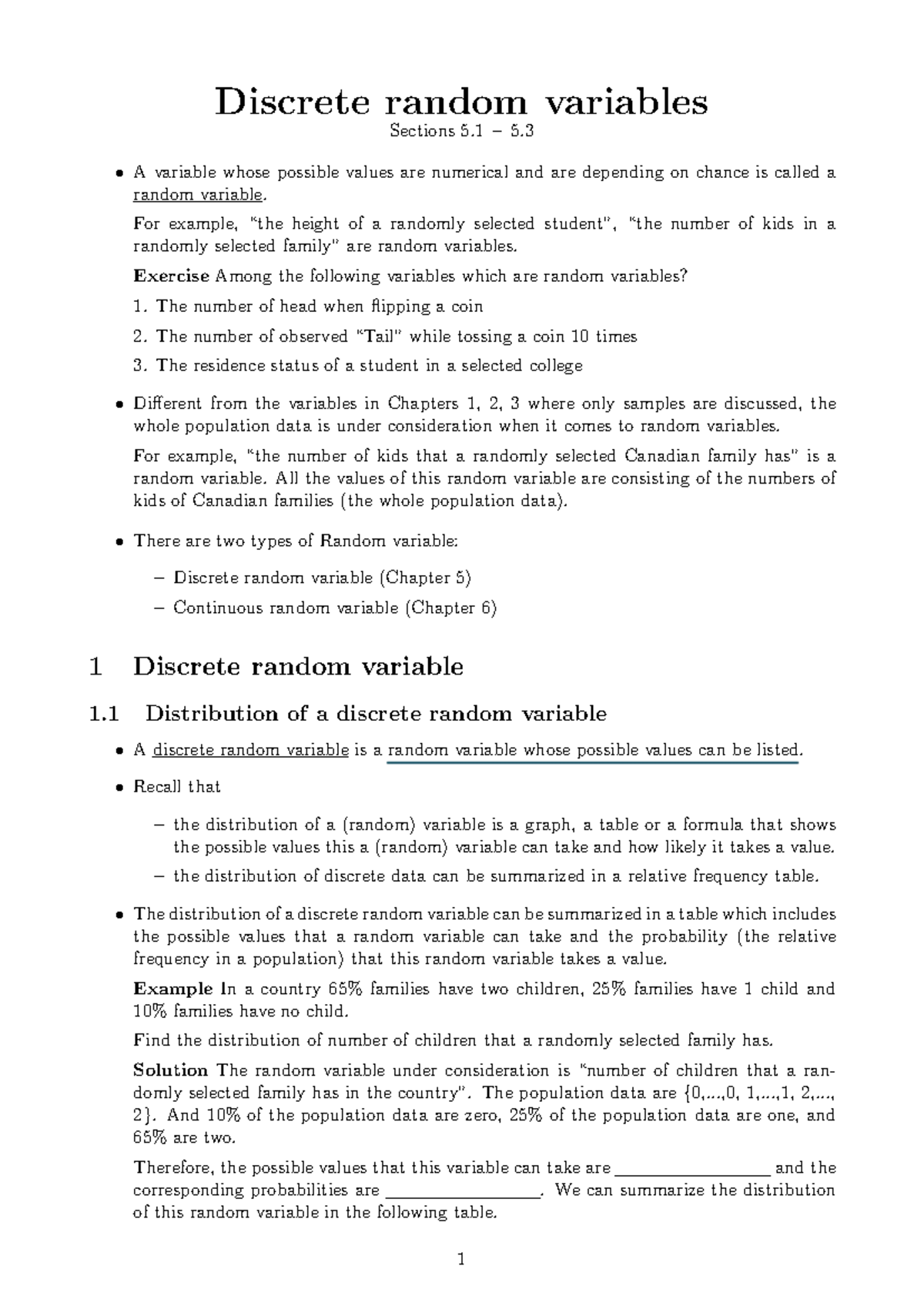 Lecture Notes on Discrete Random Variables (Sections 5.1-5.3) - Studocu