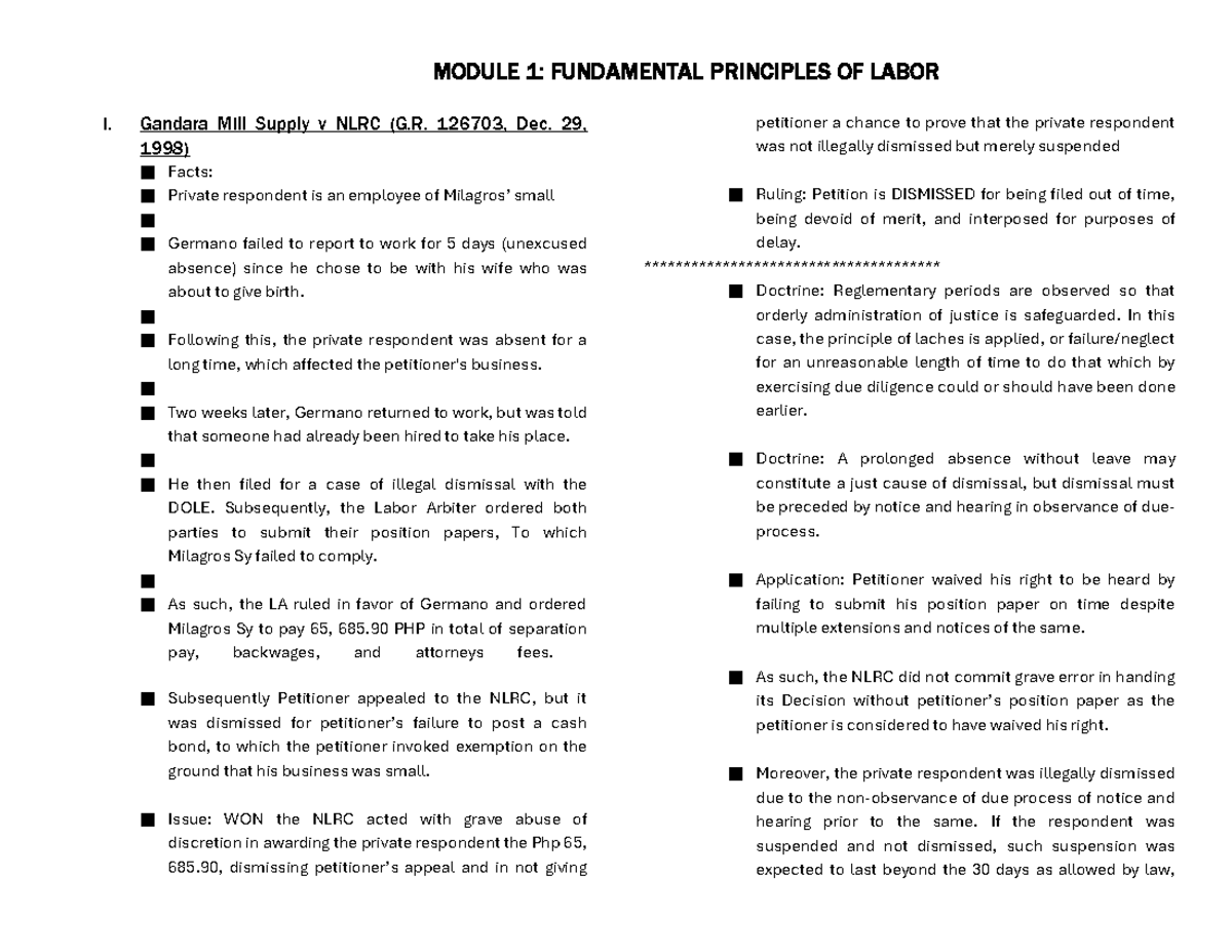 Labor Law Principles and Cases: Module 1 Overview and Analysis - Studocu