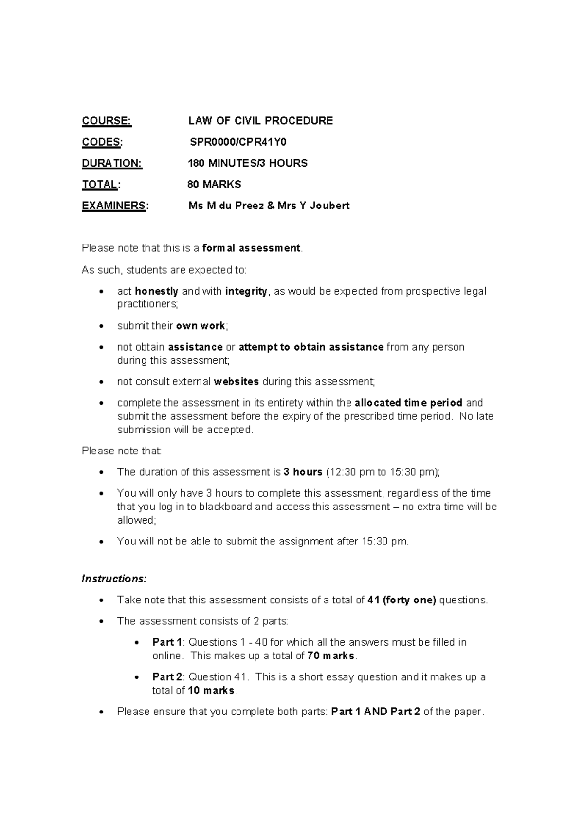 LAW OF CIVIL PROCEDURE: JUNE 2020 TEST PART 1 (180 HOURS) - Studocu