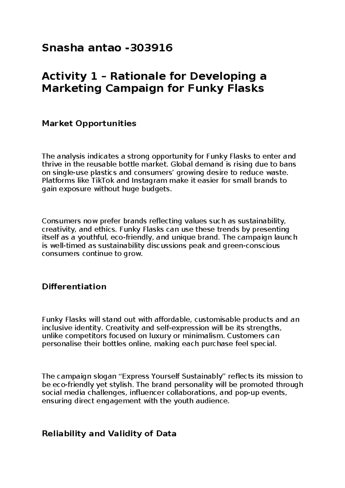 Funky Flasks Marketing Campaign Plan: Activity 1 & 2 Analysis - Studocu