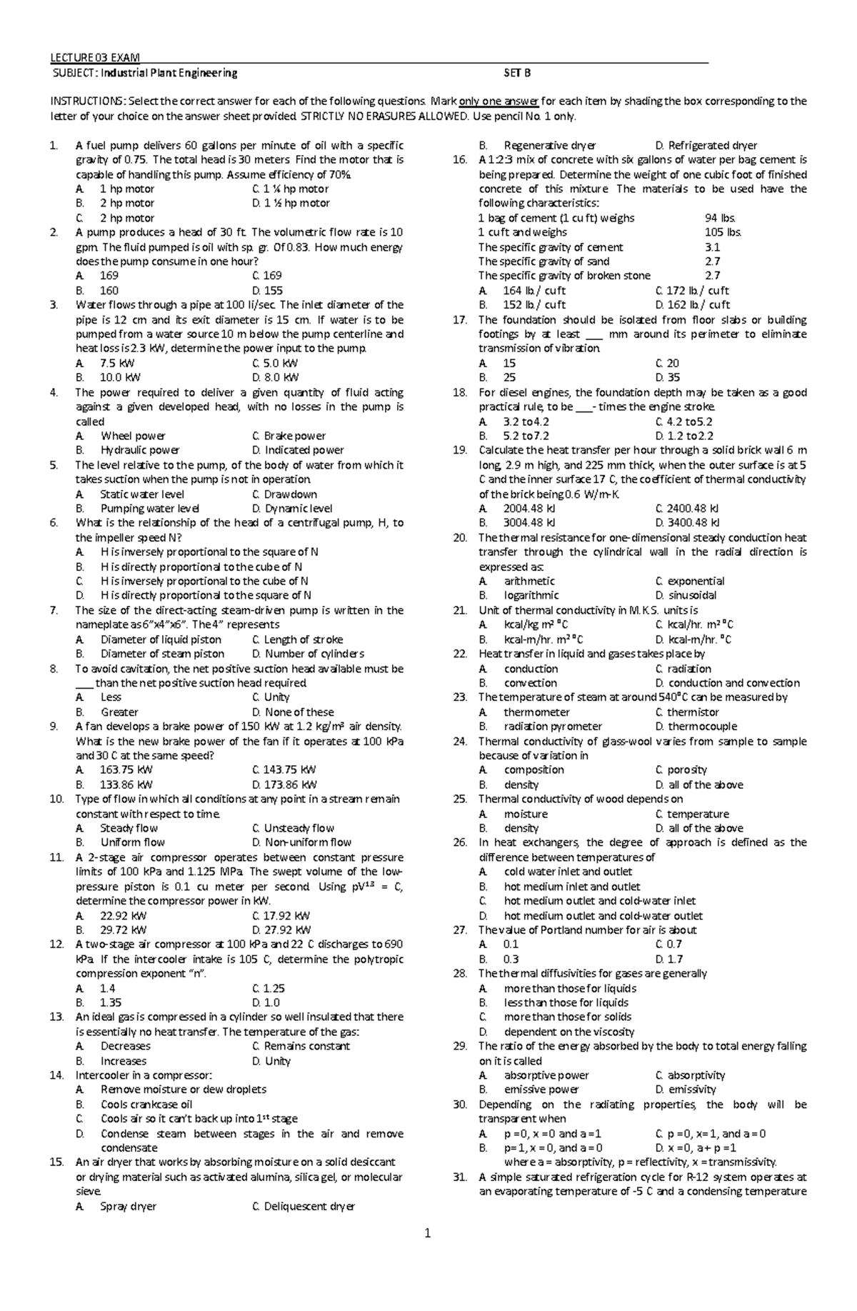 Industrial Plant Engineering LECTURE 03 Exam Practice Problems - Studocu