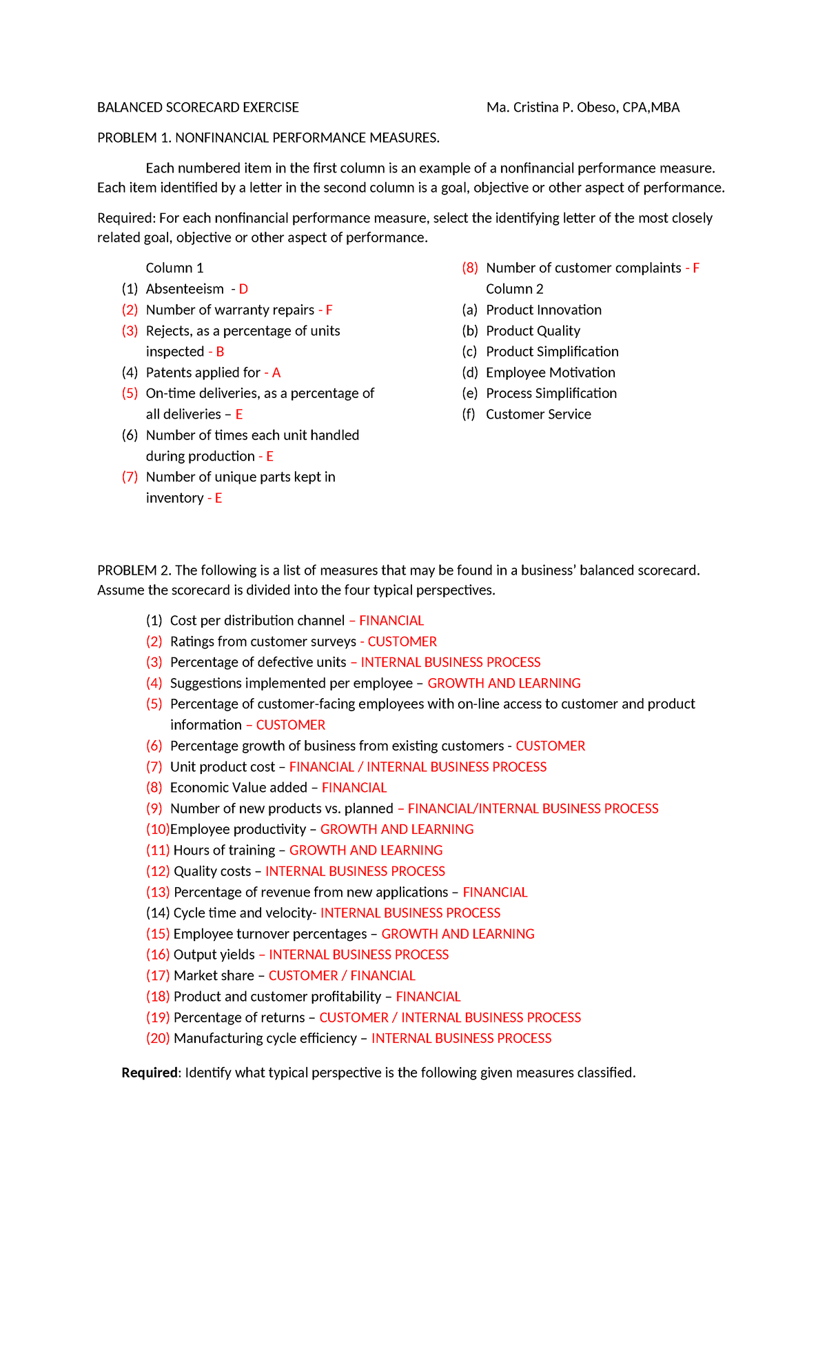 Balanced Scorecard Exercise Answers (Nonfinancial Performance Measures ...