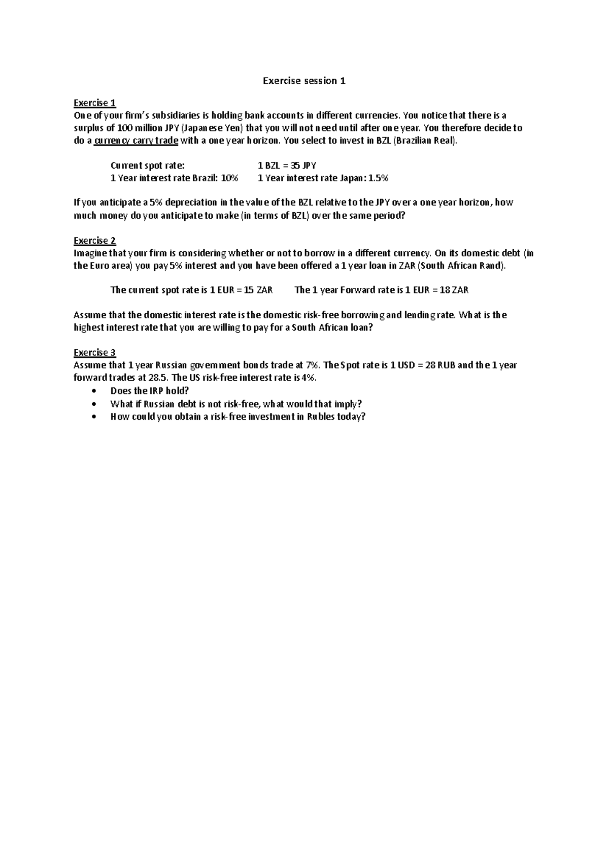 FIN101 Tutorial Week 1 Practice: Currency Carry Trade Exercises ...