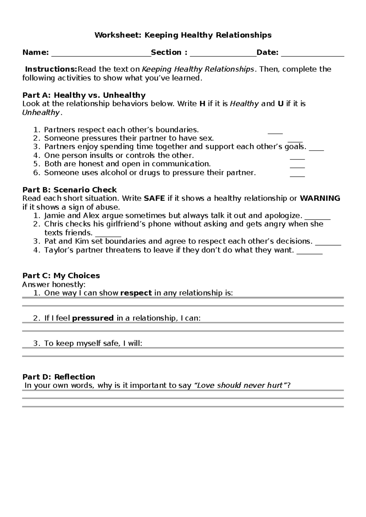 Worksheet: Keeping Healthy Relationships Activity - Studocu