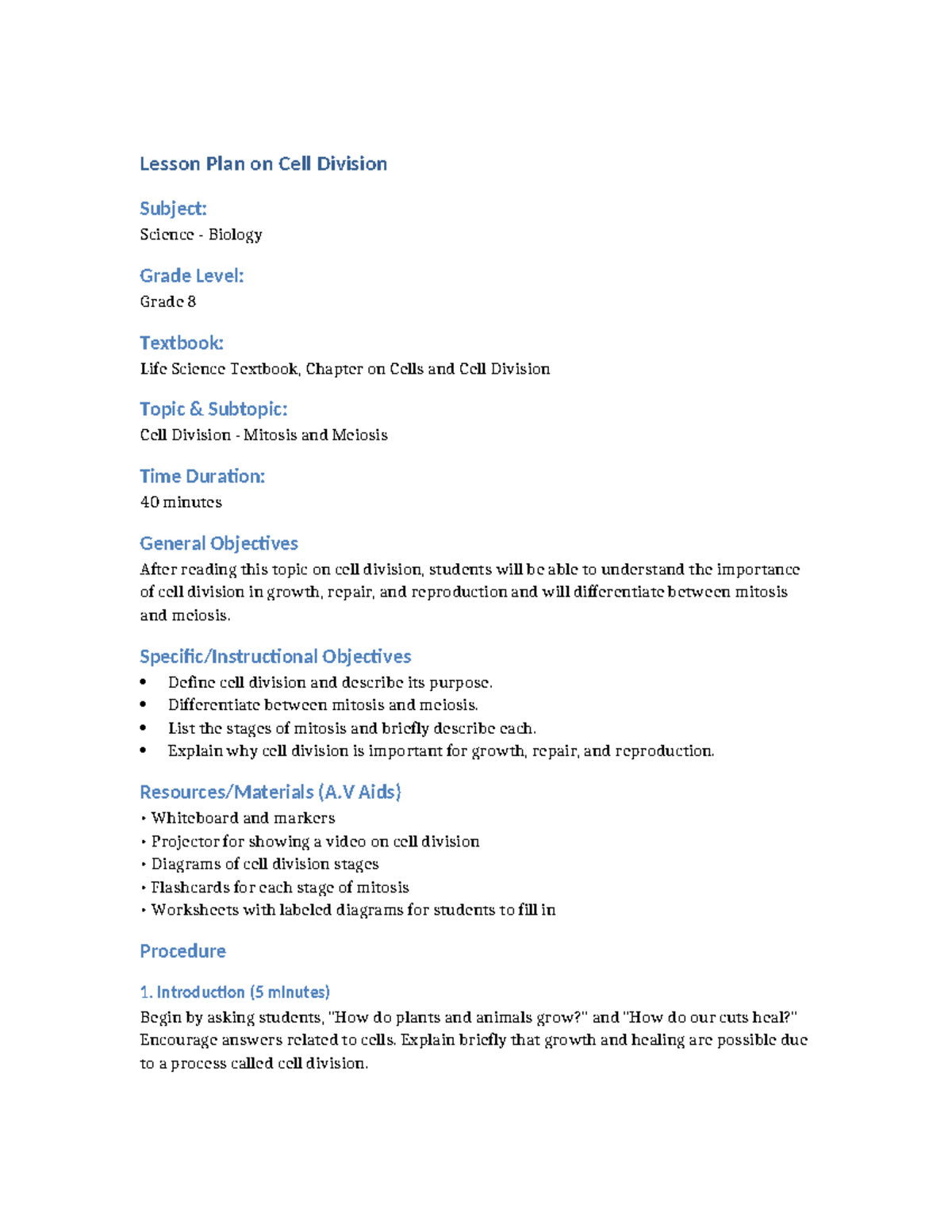 Cell Division Lesson Plan Grade 8 - Lesson Plan on Cell Division ...