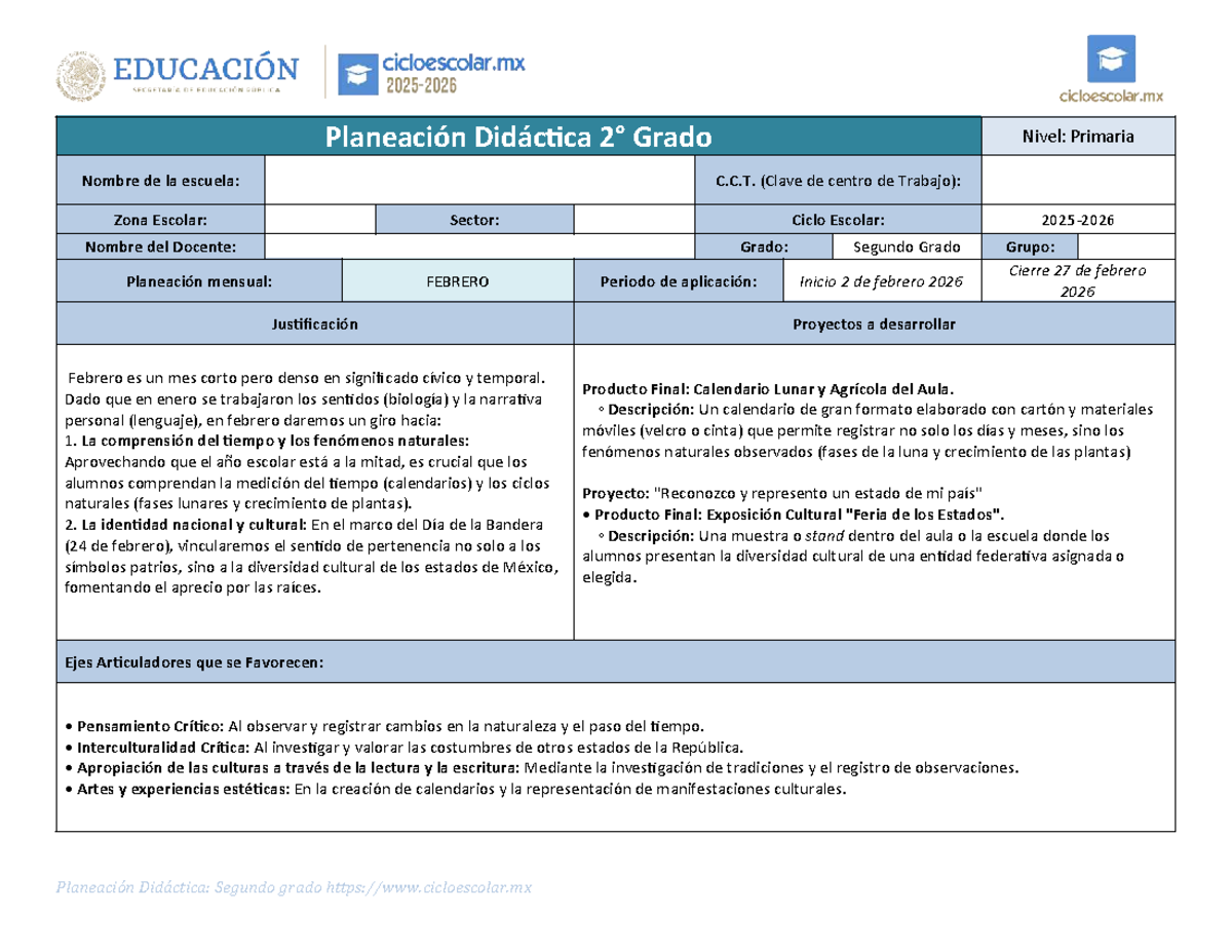 Planeación Didáctica: Proyectos de Febrero para 2° Grado Primaria - Studocu