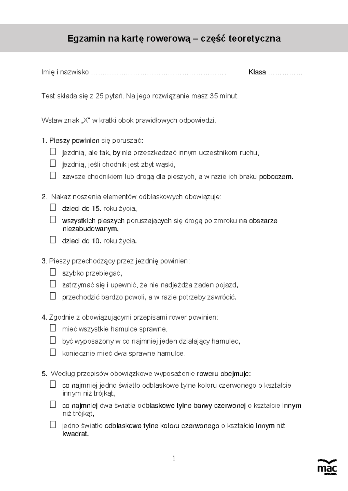 Sprawdzian Teoretyczny Na Kartę Rowerową