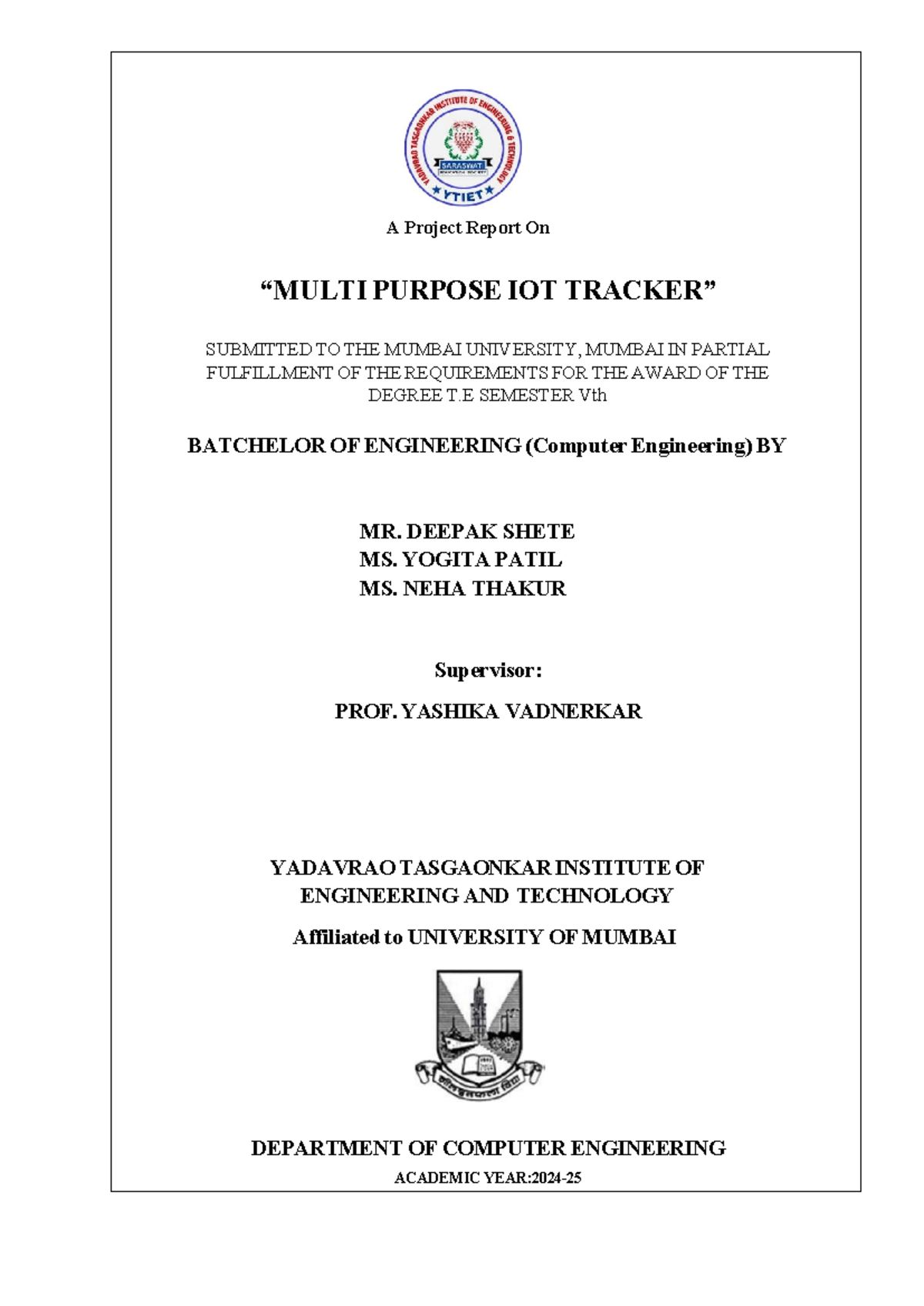 Multi-Purpose IoT Tracker Project Report - BE Sem V (2024) - Studocu