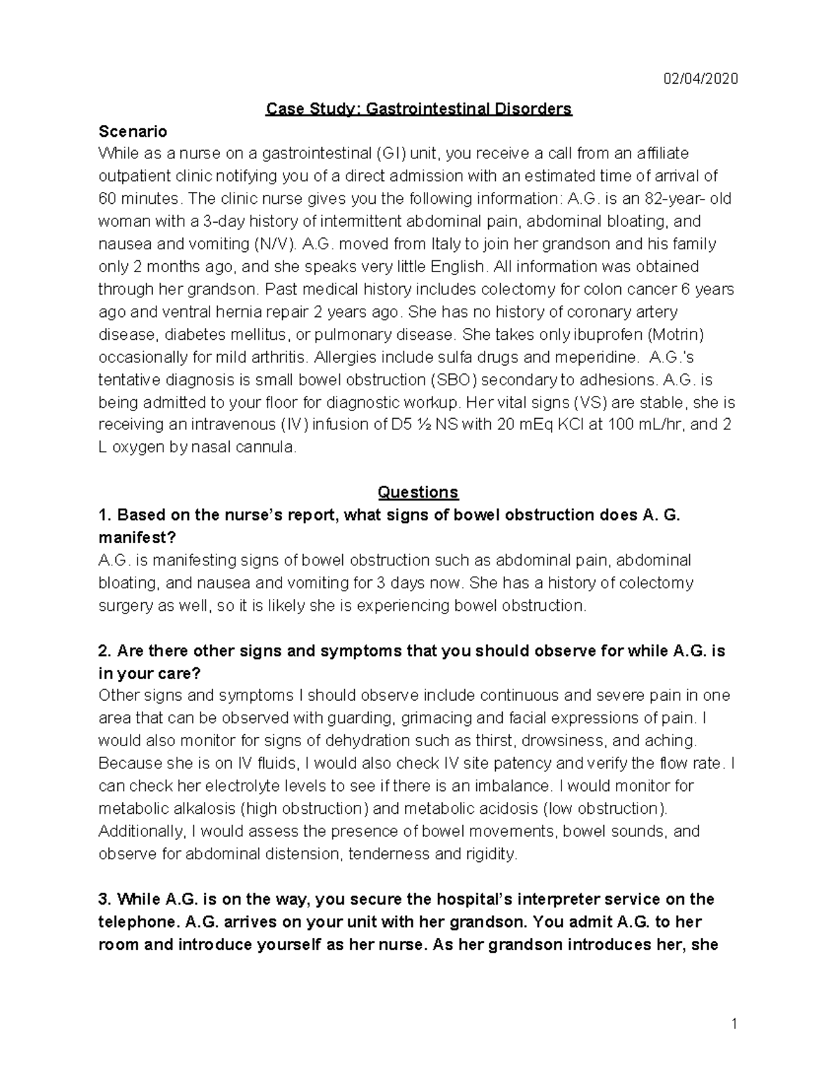 Case Study: Gastrointestinal Disorders (GI) - Patient A.G. Evaluation ...