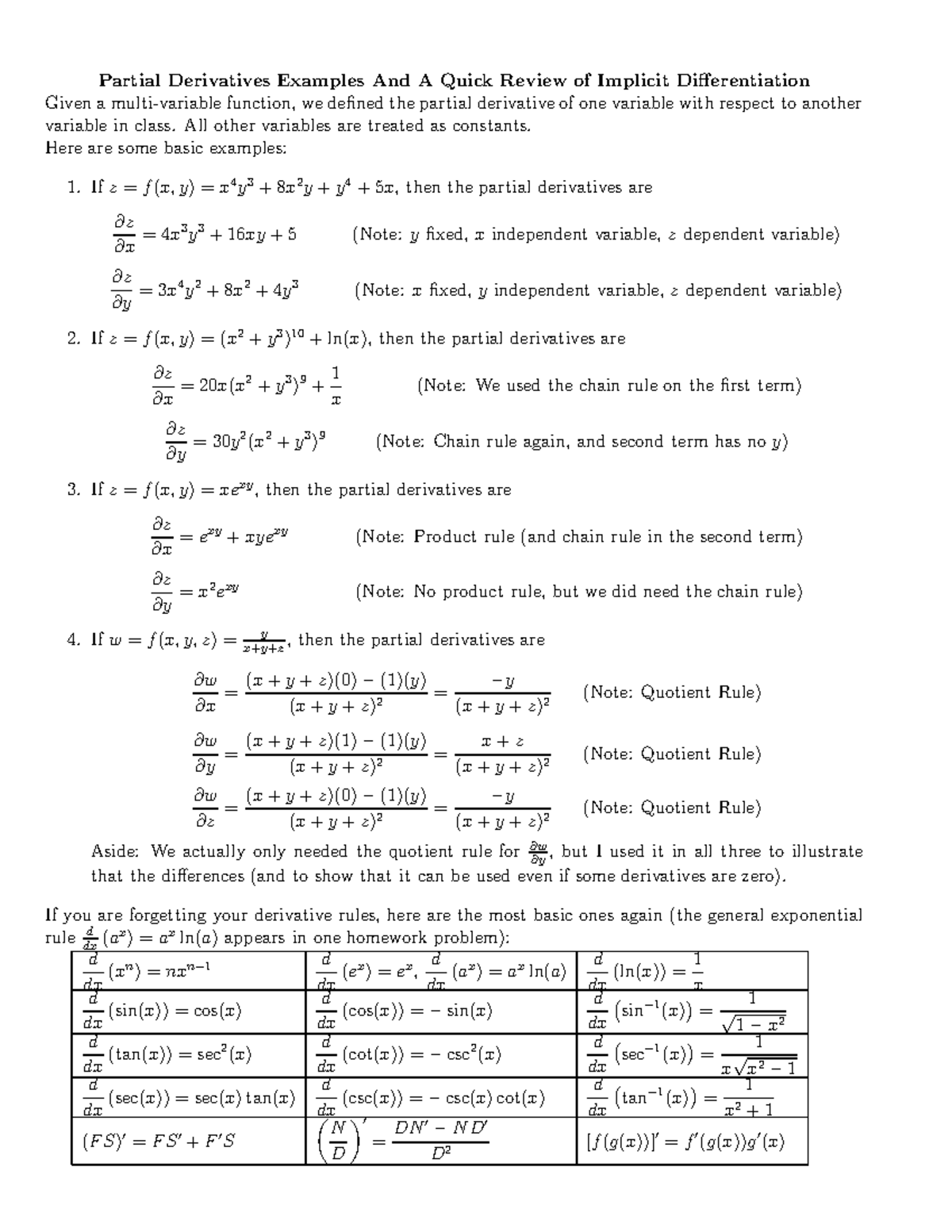 Partial Derivatives and Implicit Differentiation Practice - MATH 124 ...