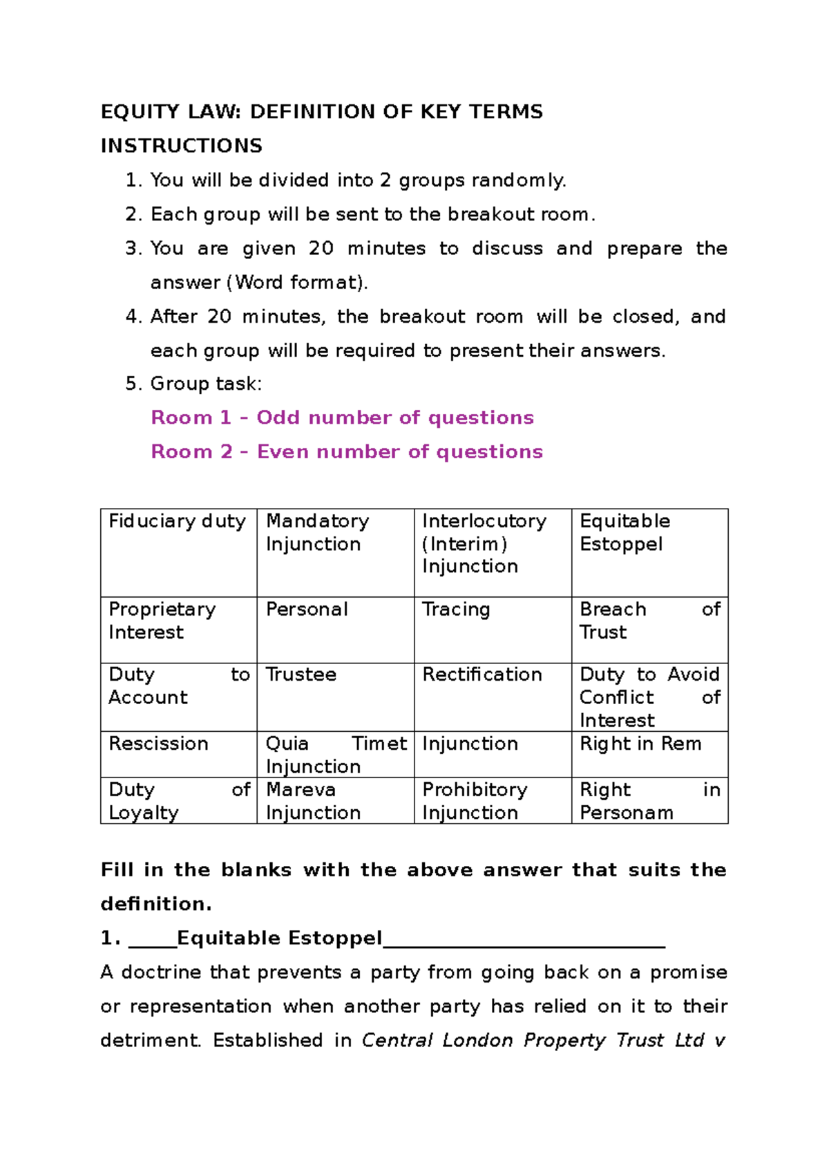 EQUITY LAW: Key Terms Tutorial for Group Discussion - Studocu