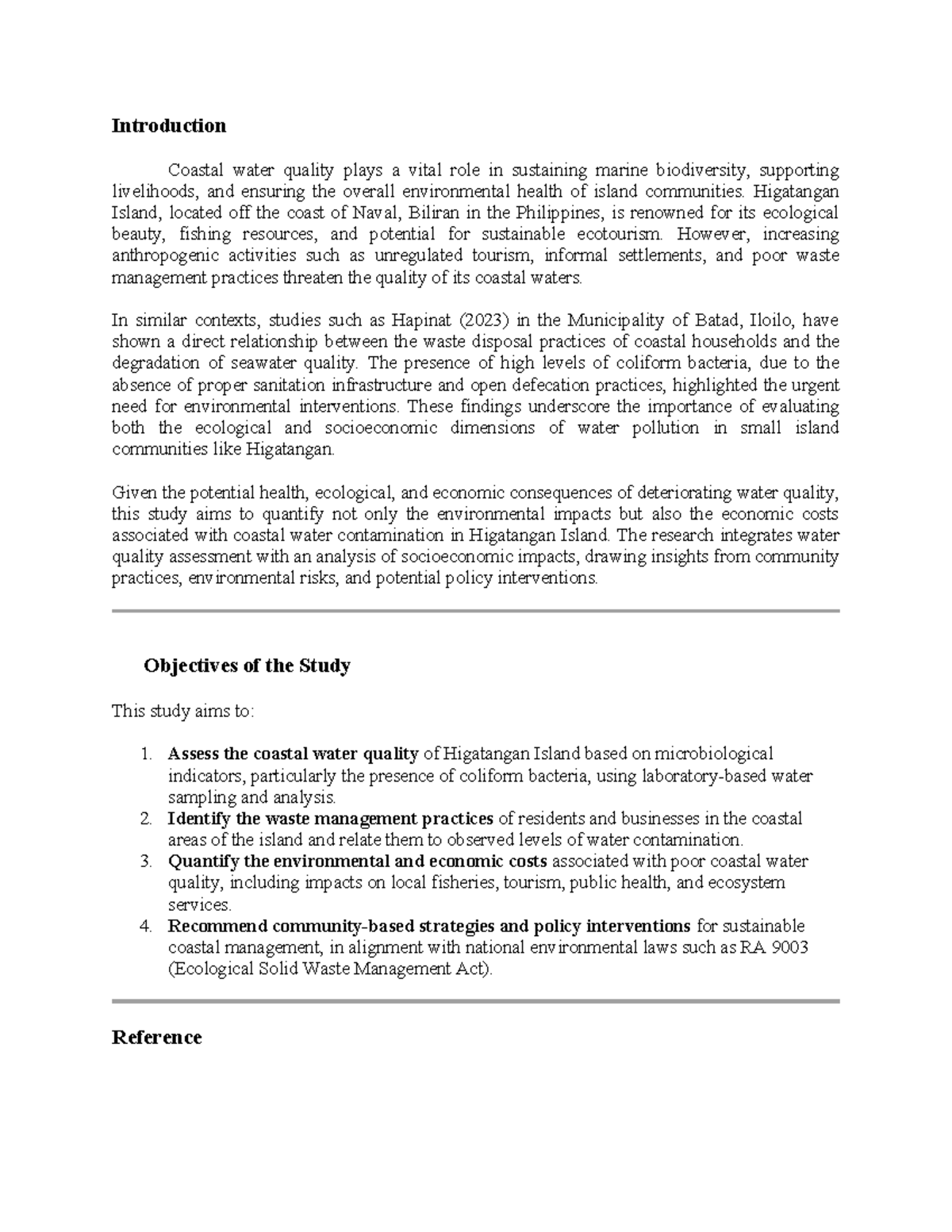 Coastal Water Quality Assessment in Higatangan Island: A Study - Studocu