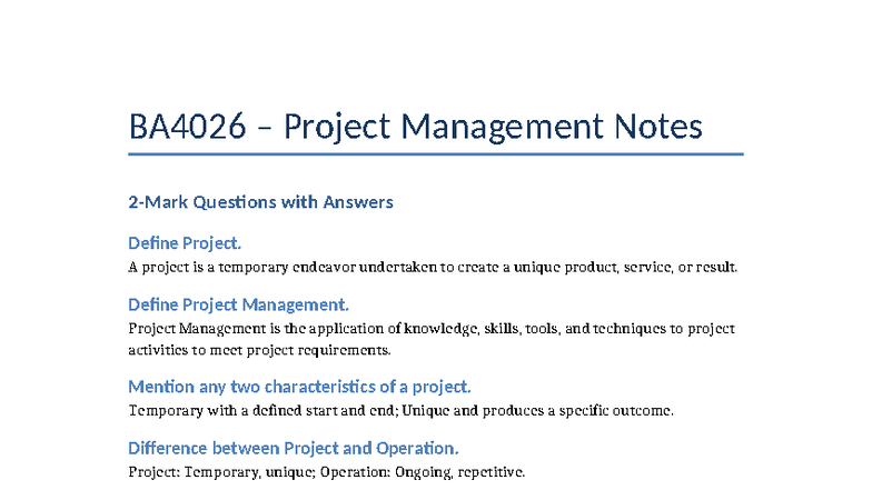BA4026 Project Management Notes: Key Concepts & Definitions - Studocu