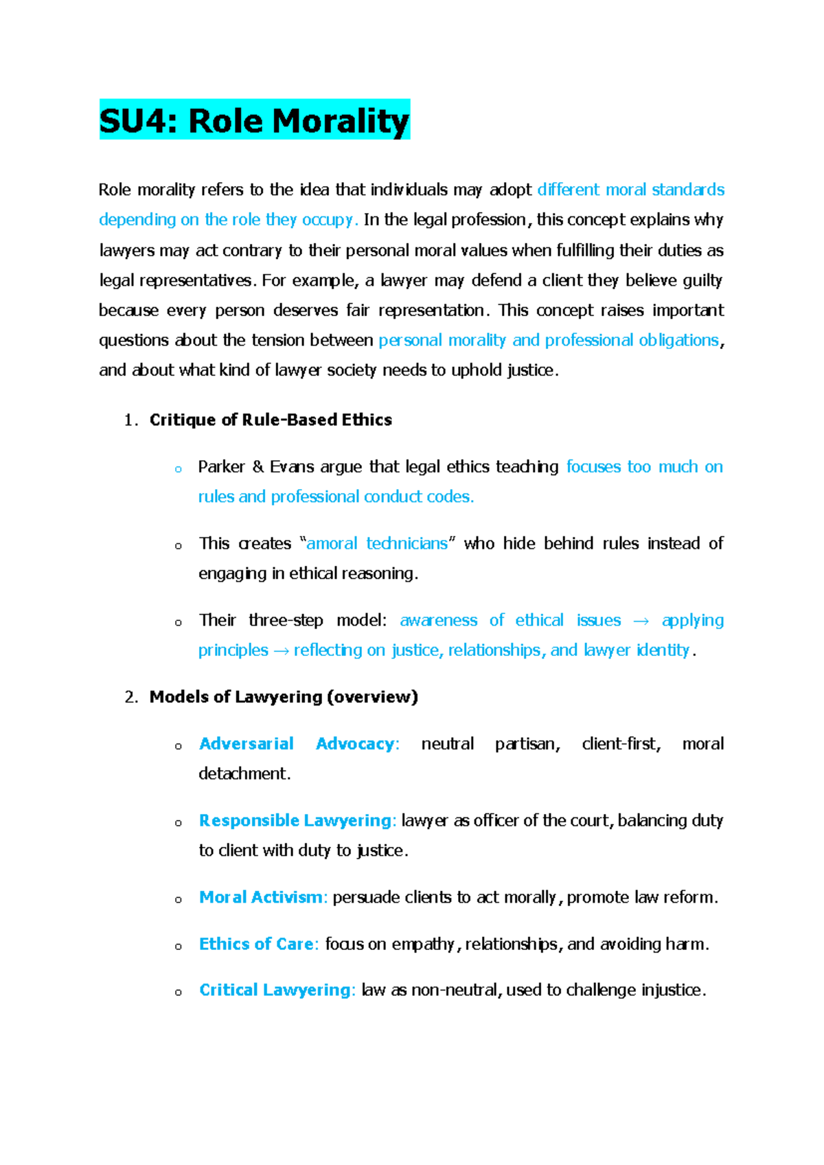 SU4-SU5: Cheat Sheet on Role Morality & Ethical Behaviour in Law - Studocu
