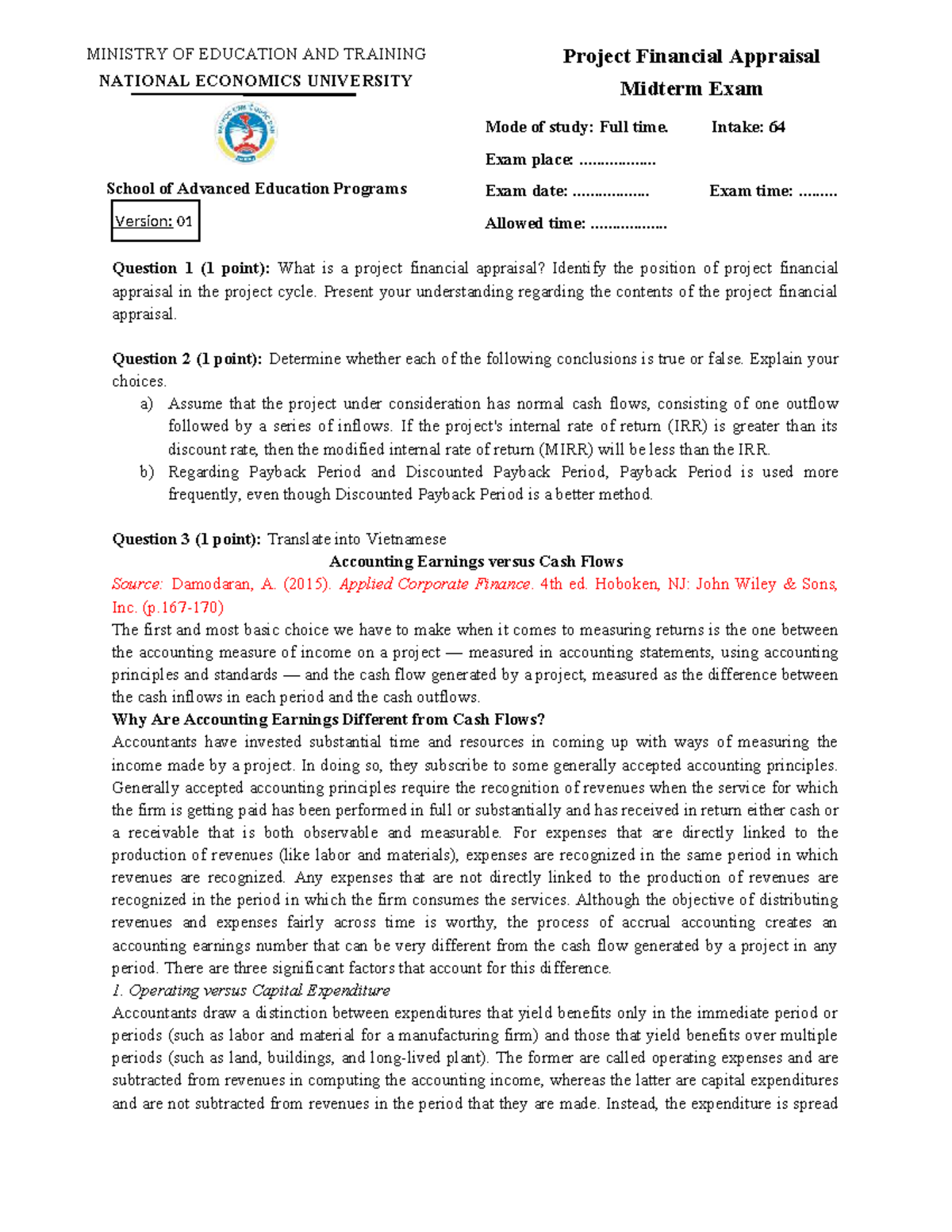 TĐTCDA (E) - Midterm Exam: Project Financial Appraisal Insights - Studocu