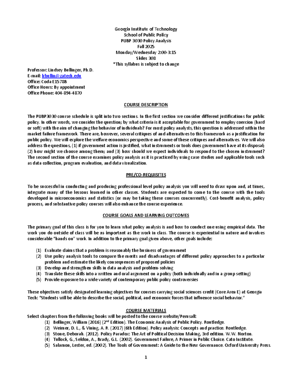 PUBP 3030 Fall 2025: Policy Analysis Syllabus by Prof. Bullinger - Studocu