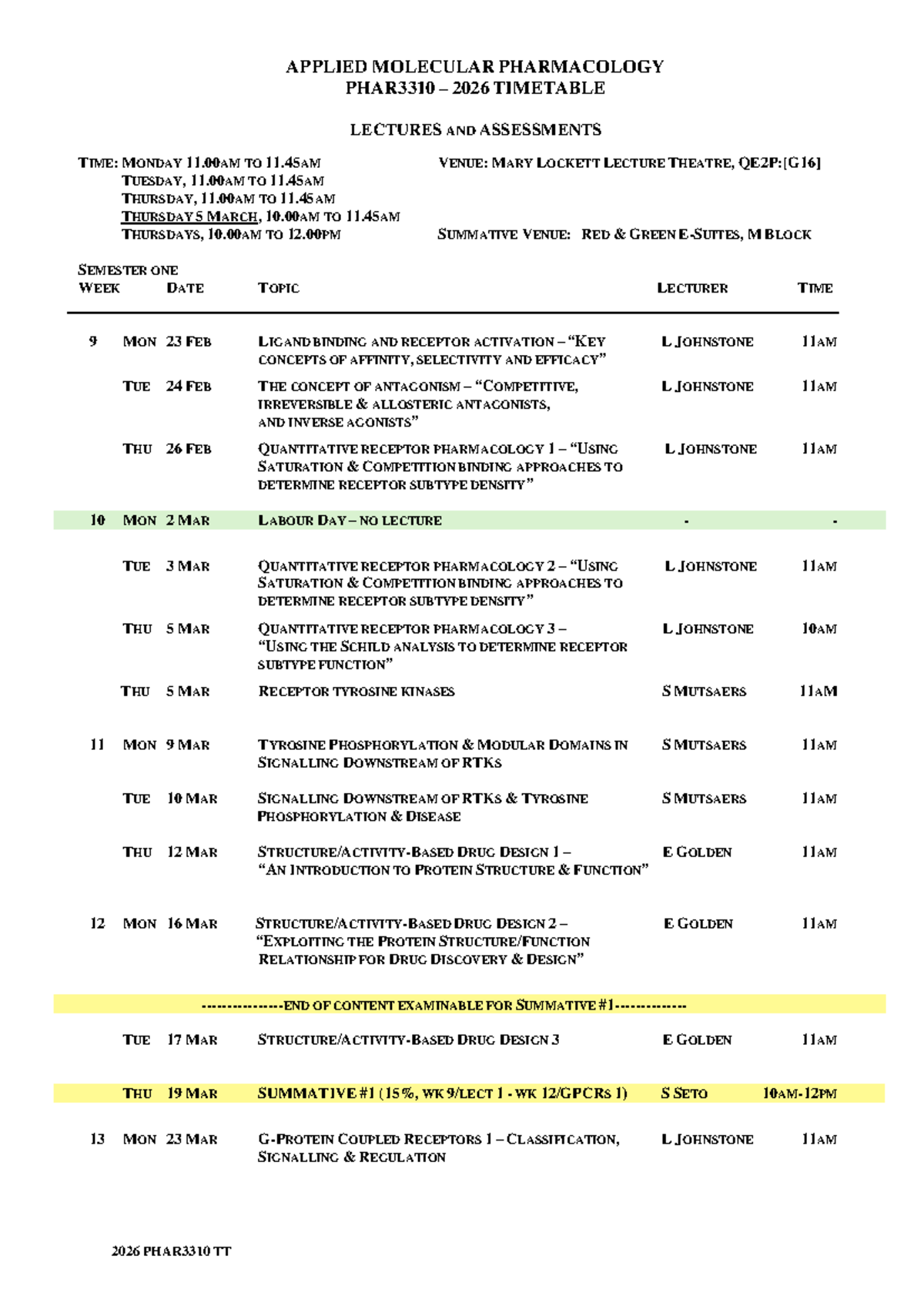 2026 PHAR3310 Lecture & Assessment Timetable - Studocu